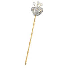 Edwardian Diamond Pearl Platinum-Topped 14 Karat Gold Double Heart Stickpin