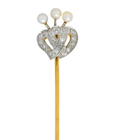 Edwardian Diamond Pearl Platinum-Topped 14 Karat Gold Double Heart Stickpin