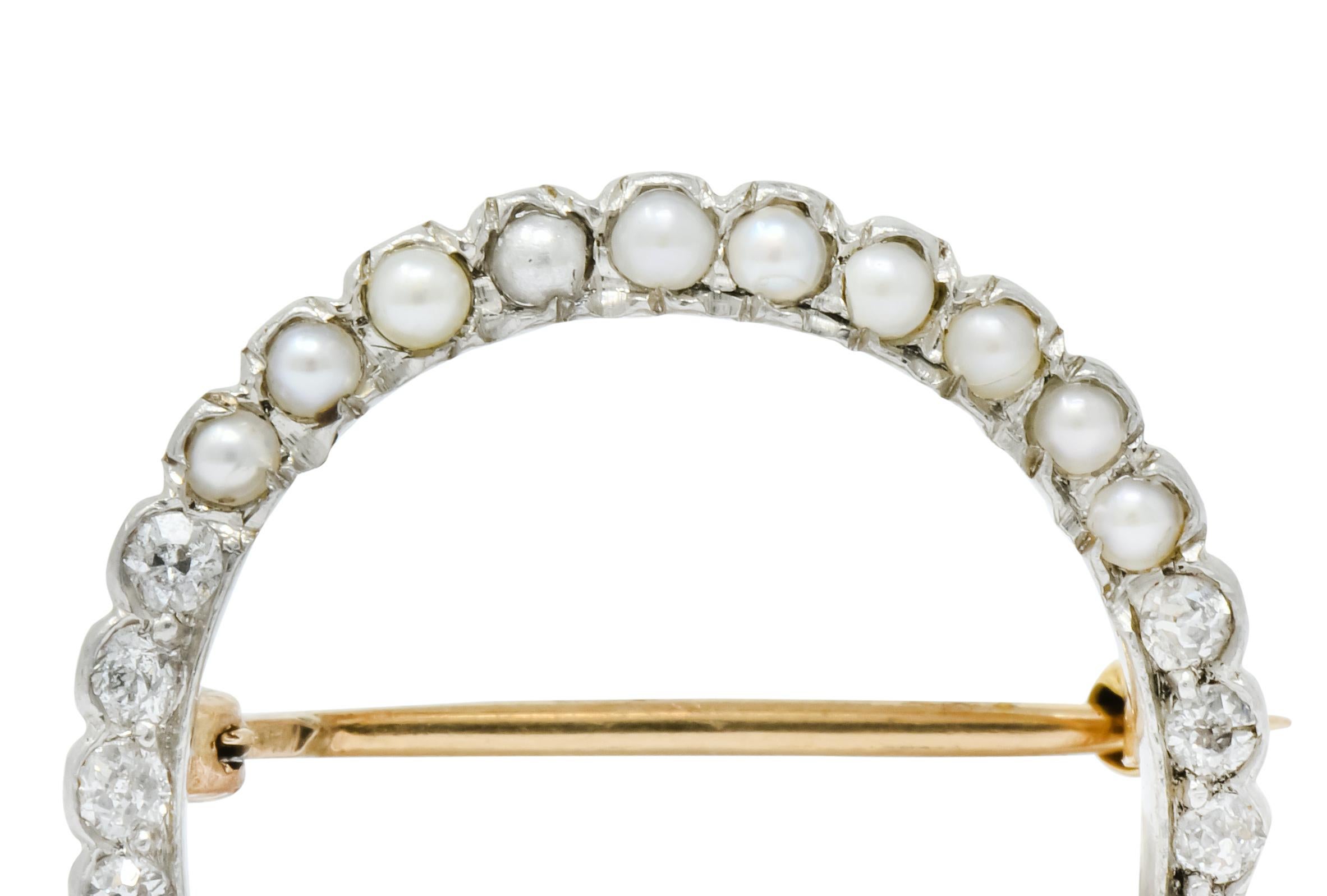 Women's or Men's Edwardian Diamond Pearl Platinum-Topped 14 Karat Gold Horseshoe Brooch