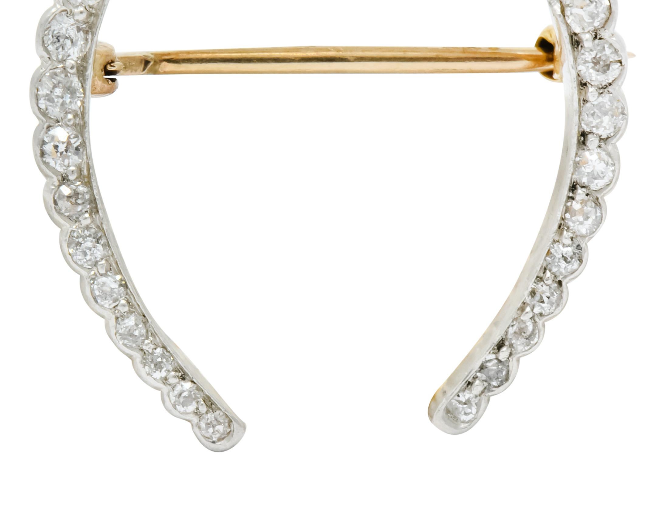 Edwardian Diamond Pearl Platinum-Topped 14 Karat Gold Horseshoe Brooch 1