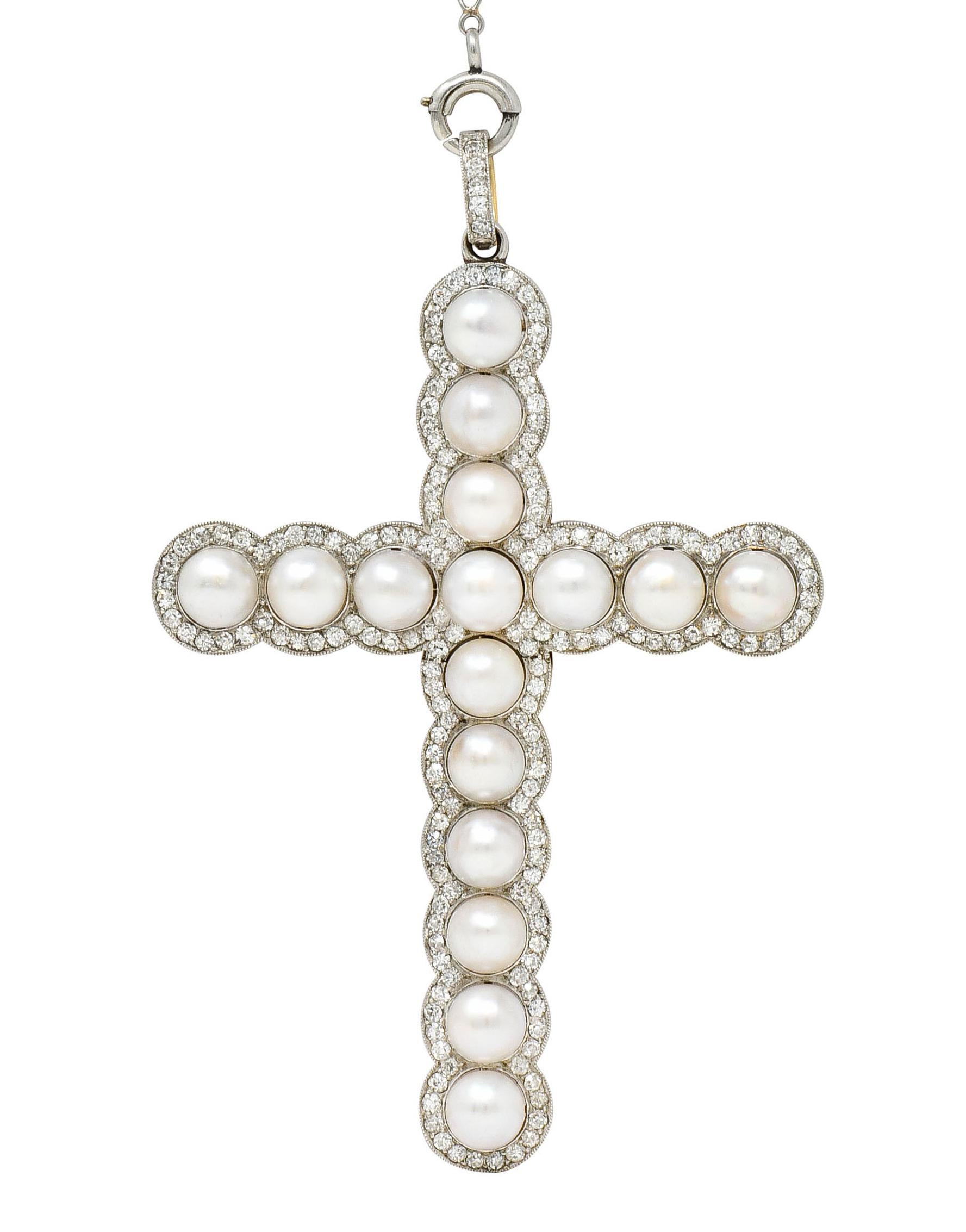 Edwardian Diamond Pearl Platinum-Topped 18 Karat Gold Cross Pendant Necklace 6