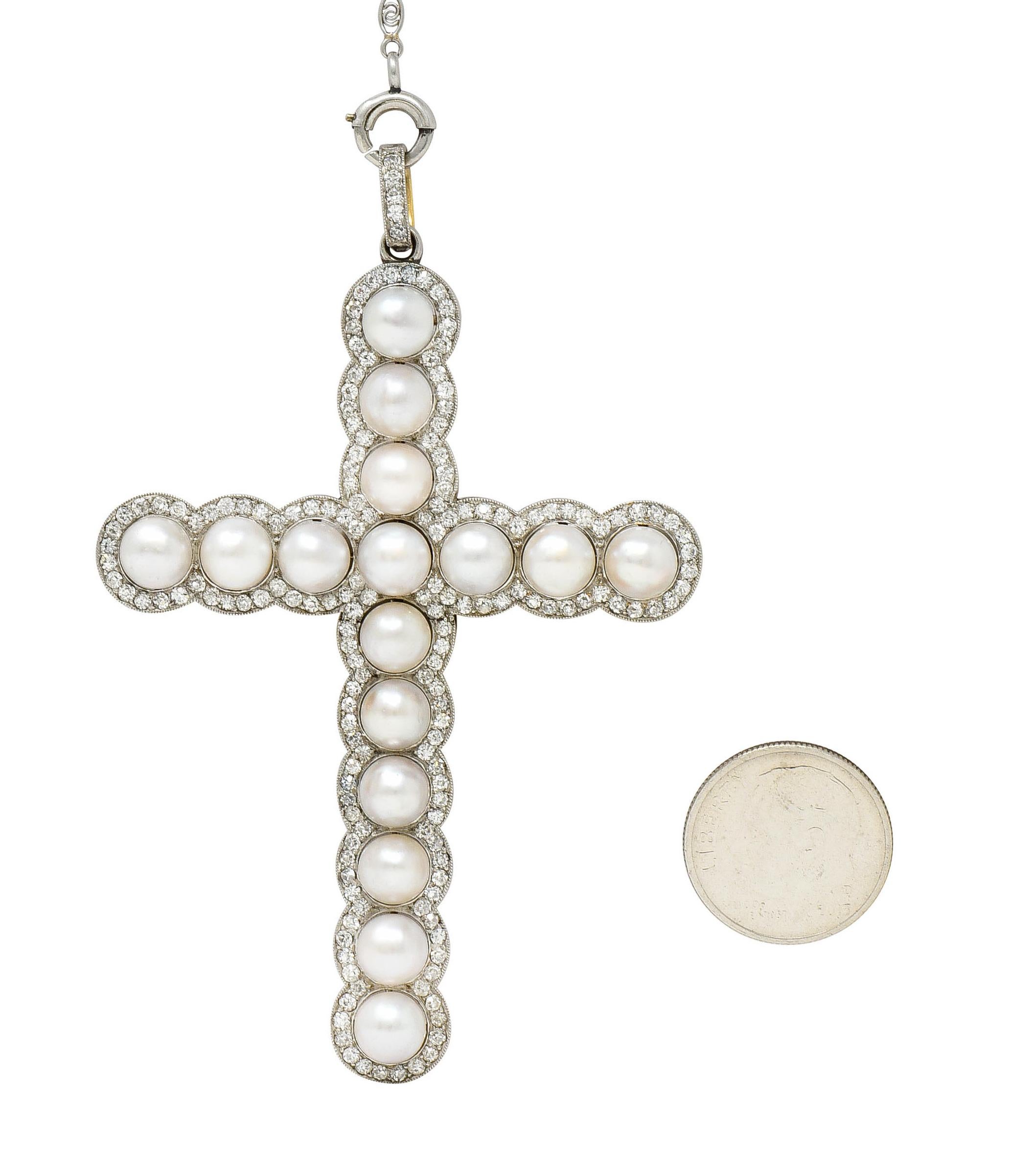 Edwardian Diamond Pearl Platinum-Topped 18 Karat Gold Cross Pendant Necklace 1