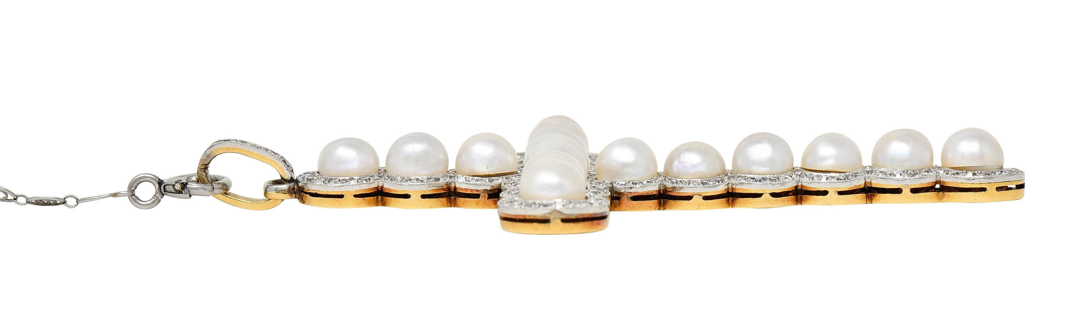 Edwardian Diamond Pearl Platinum-Topped 18 Karat Gold Cross Pendant Necklace 8