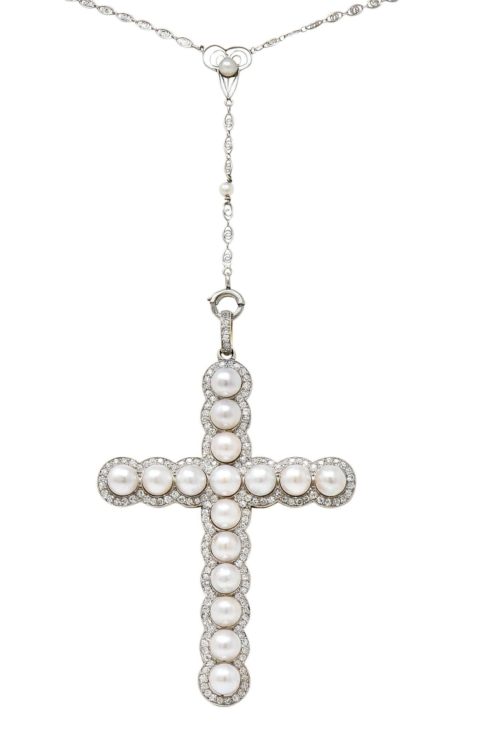 Edwardian Diamond Pearl Platinum-Topped 18 Karat Gold Cross Pendant Necklace 9