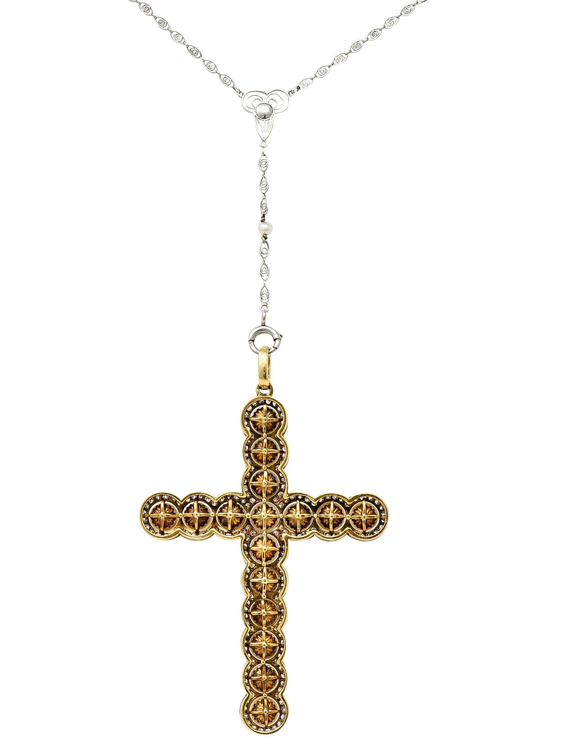 Edwardian Diamond Pearl Platinum-Topped 18 Karat Gold Cross Pendant Necklace In Excellent Condition In Philadelphia, PA