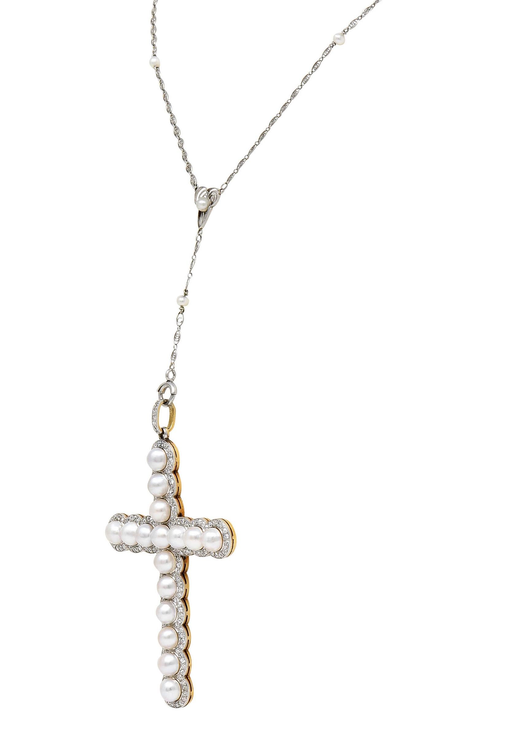 Round Cut Edwardian Diamond Pearl Platinum-Topped 18 Karat Gold Cross Pendant Necklace