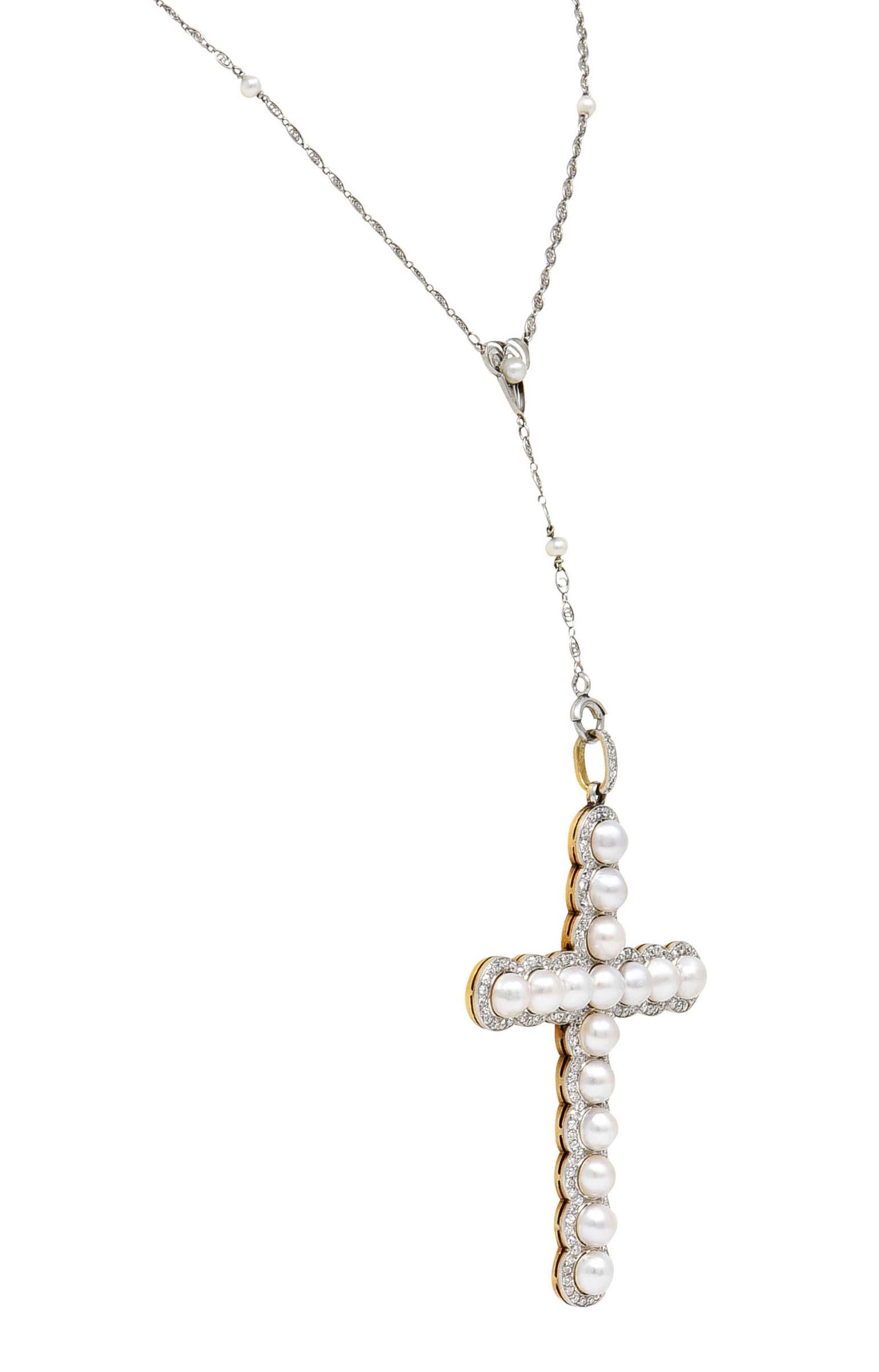 Women's or Men's Edwardian Diamond Pearl Platinum-Topped 18 Karat Gold Cross Pendant Necklace