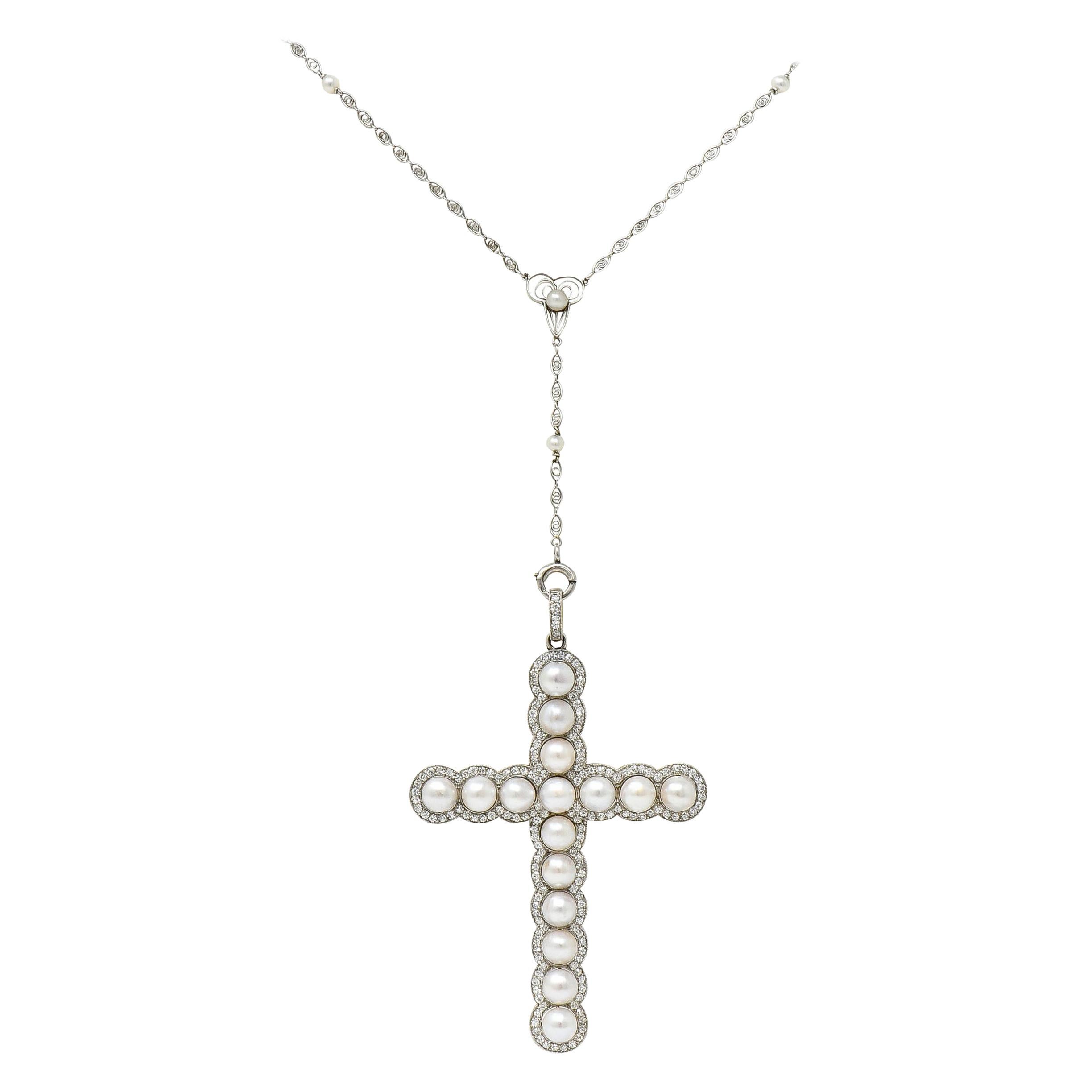 Edwardian Diamond Pearl Platinum-Topped 18 Karat Gold Cross Pendant Necklace