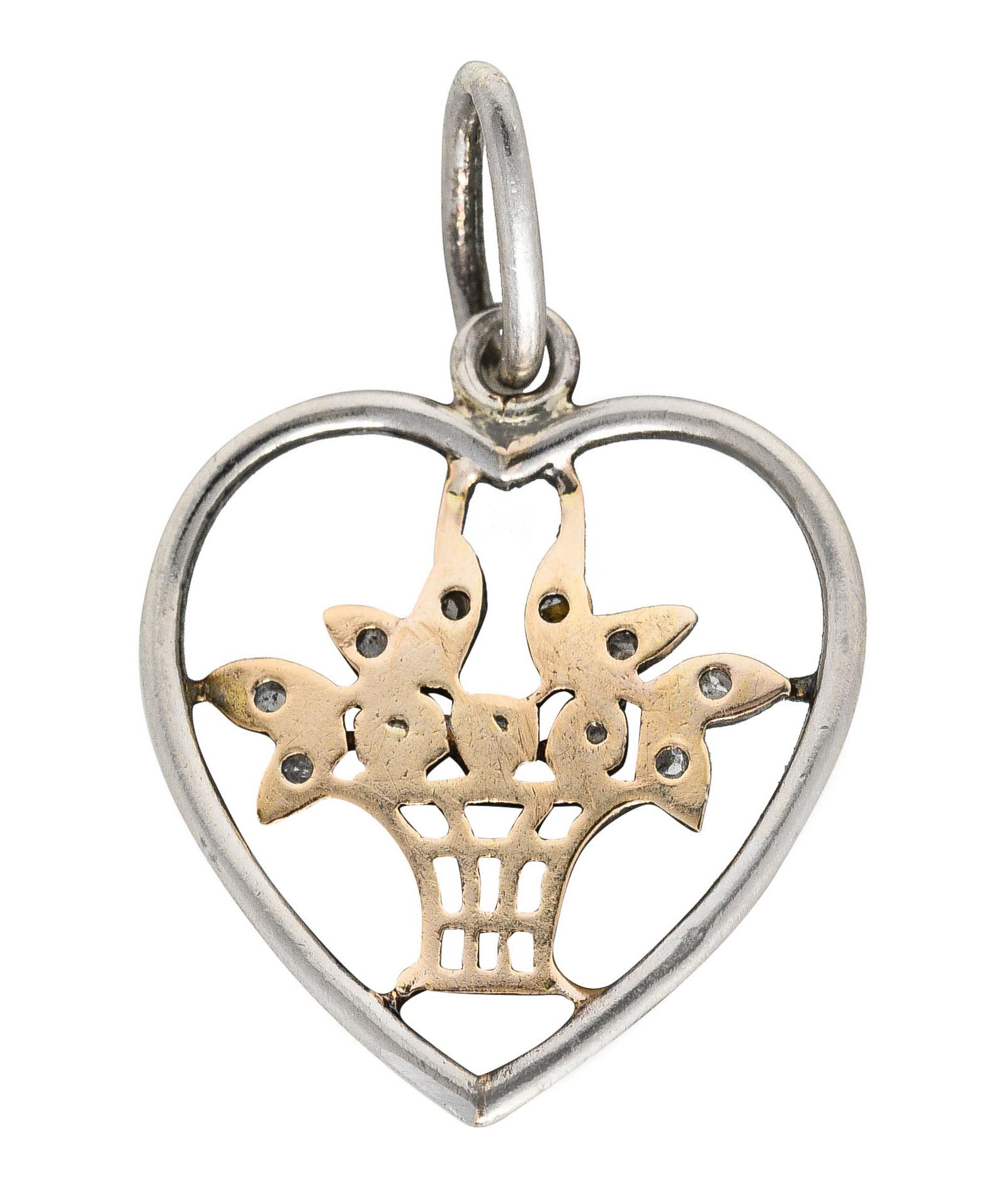 Rose Cut Edwardian Diamond Pearl Platinum-Topped 18 Karat Gold Floral Heart Charm For Sale