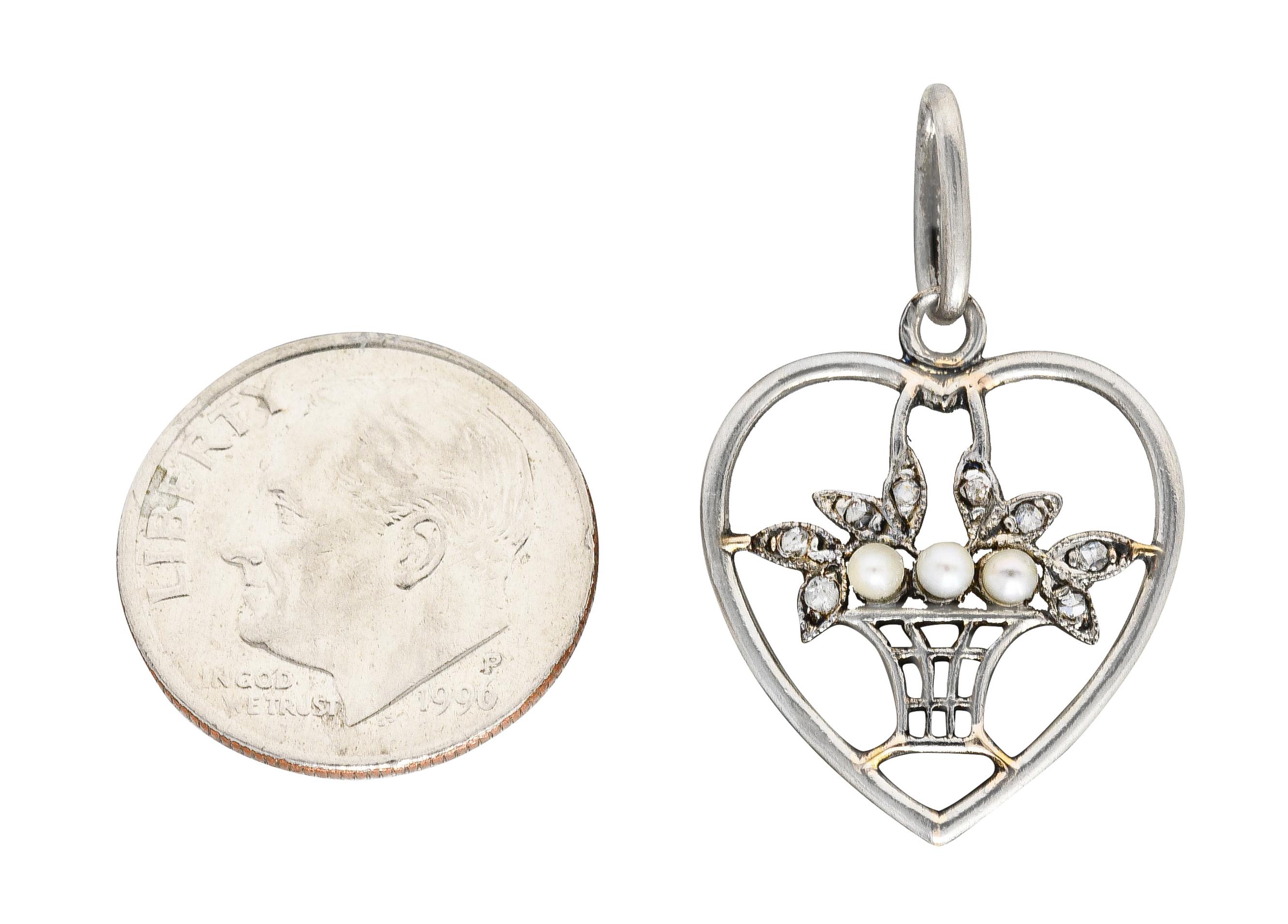 Women's or Men's Edwardian Diamond Pearl Platinum-Topped 18 Karat Gold Floral Heart Charm For Sale