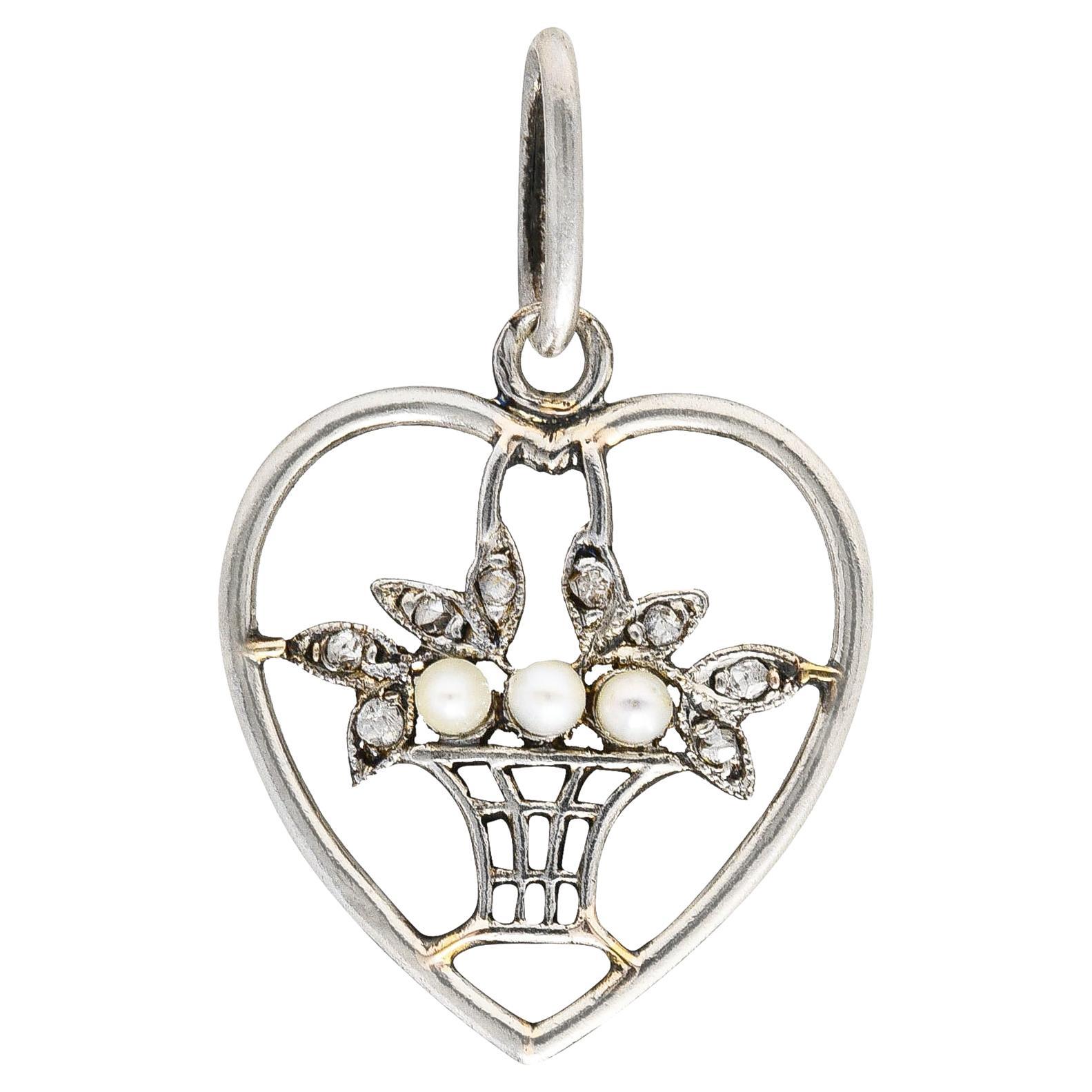 Edwardian Diamond Pearl Platinum-Topped 18 Karat Gold Floral Heart Charm