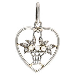 Antique Edwardian Diamond Pearl Platinum-Topped 18 Karat Gold Floral Heart Charm