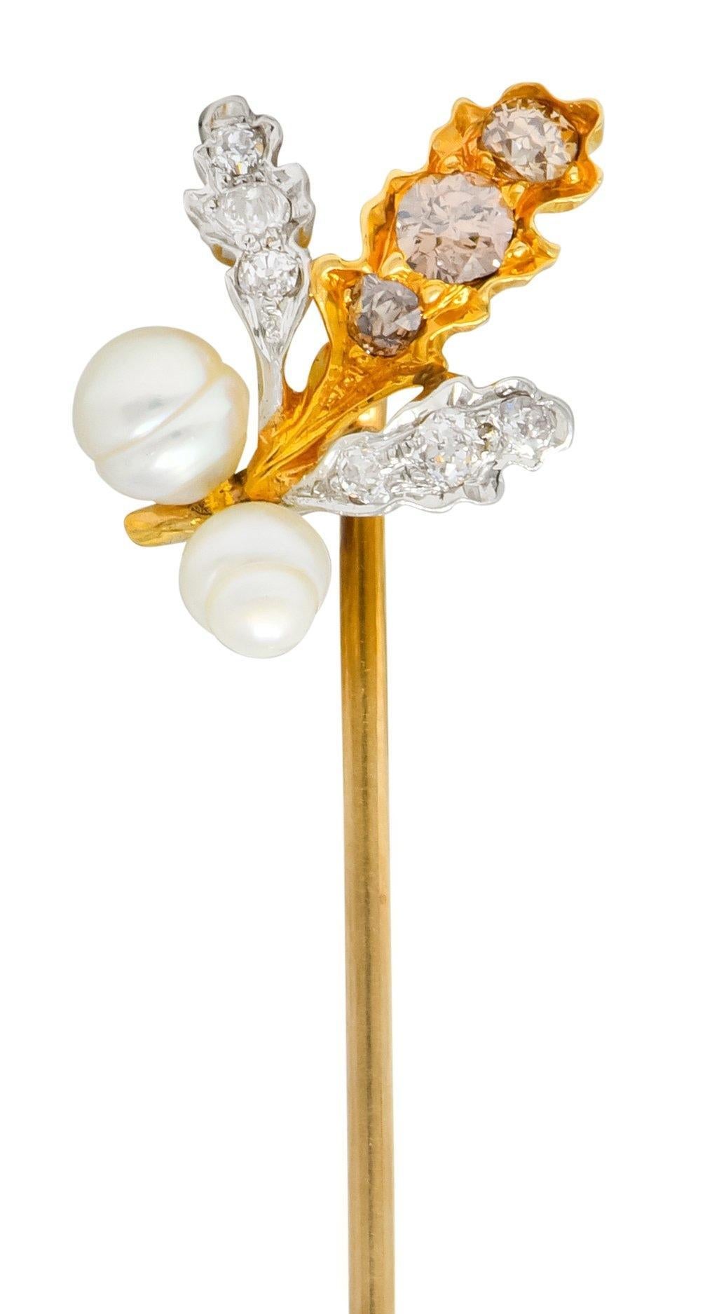 Edwardian Diamond Pearl Platinum-Topped 18 Karat Gold Foliate Antique Stickpin In Excellent Condition For Sale In Philadelphia, PA