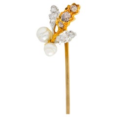 Edwardian Diamond Pearl Platinum-Topped 18 Karat Gold Foliate Antique Stickpin