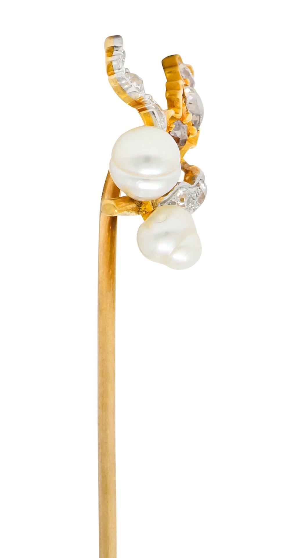 Women's or Men's Edwardian Diamond Pearl Platinum-Topped 18 Karat Gold Foliate Stickpin