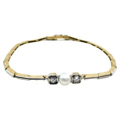 Edwardian Diamond Pearl Platinum Topped Gold Link Bracelet