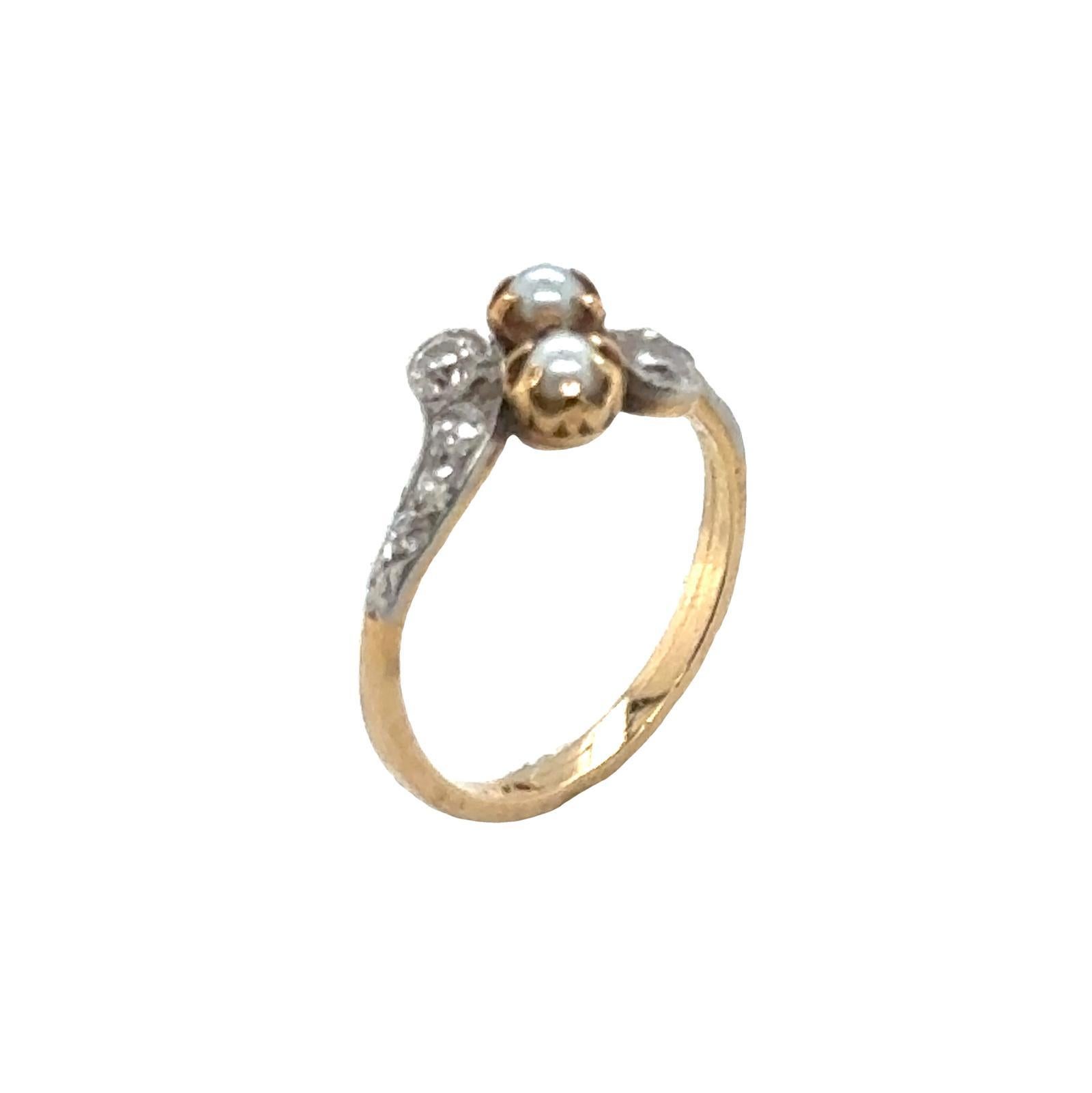 Women's Edwardian Diamond Pearl Platinum Yellow Gold Vintage Cocktail Ring For Sale