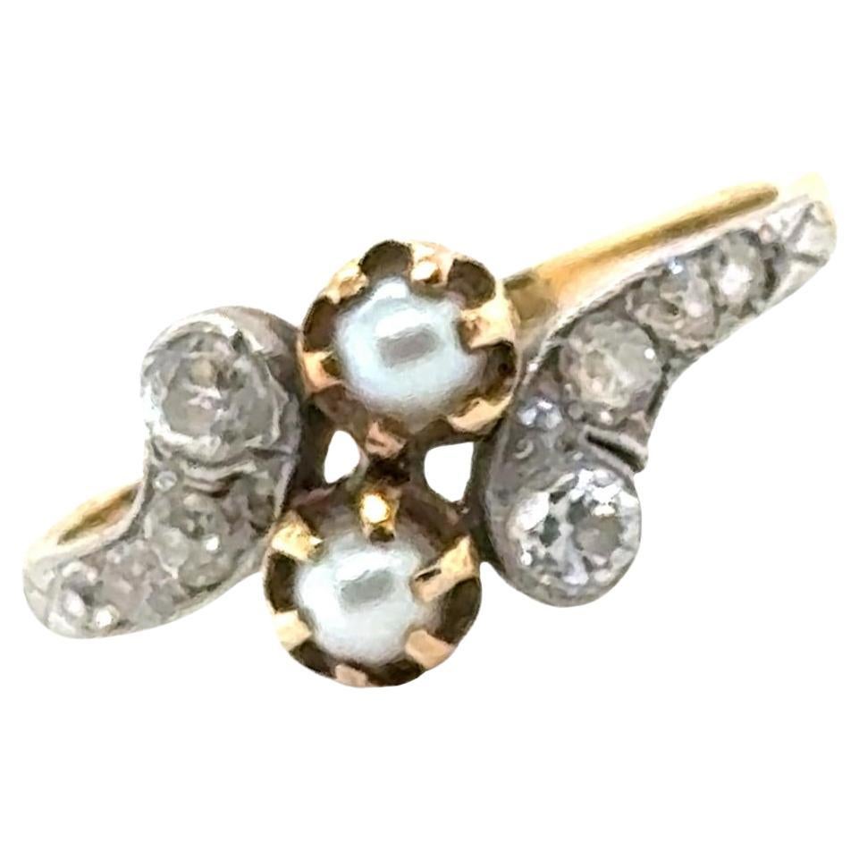 Edwardian Diamond Pearl Platinum Yellow Gold Vintage Cocktail Ring
