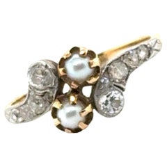 Edwardian Diamond Pearl Platinum Yellow Gold Antique Cocktail Ring