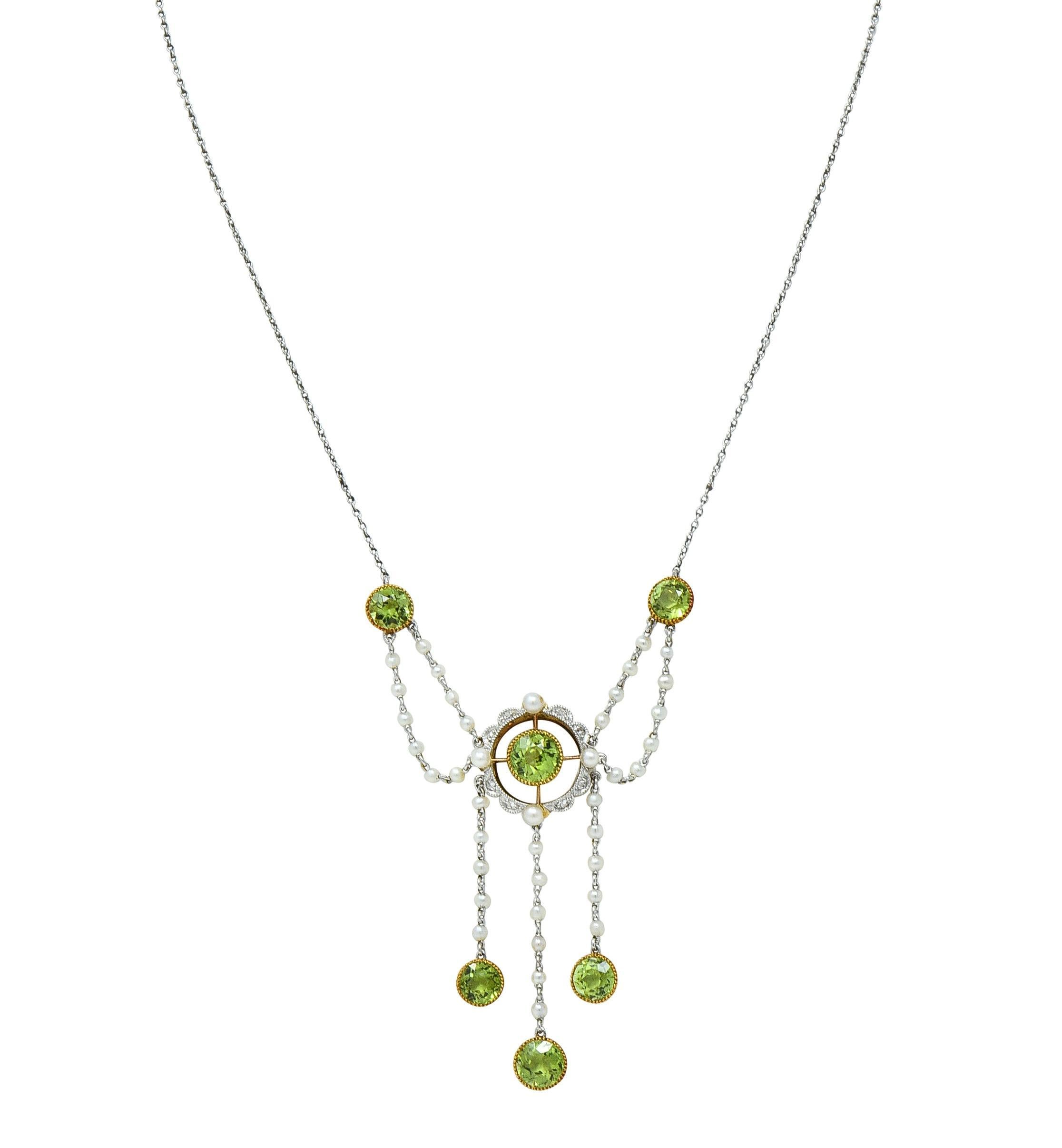 Edwardian Diamond Peridot Pearl Platinum 14 Karat Gold Swagged Fringe Necklace In Excellent Condition For Sale In Philadelphia, PA