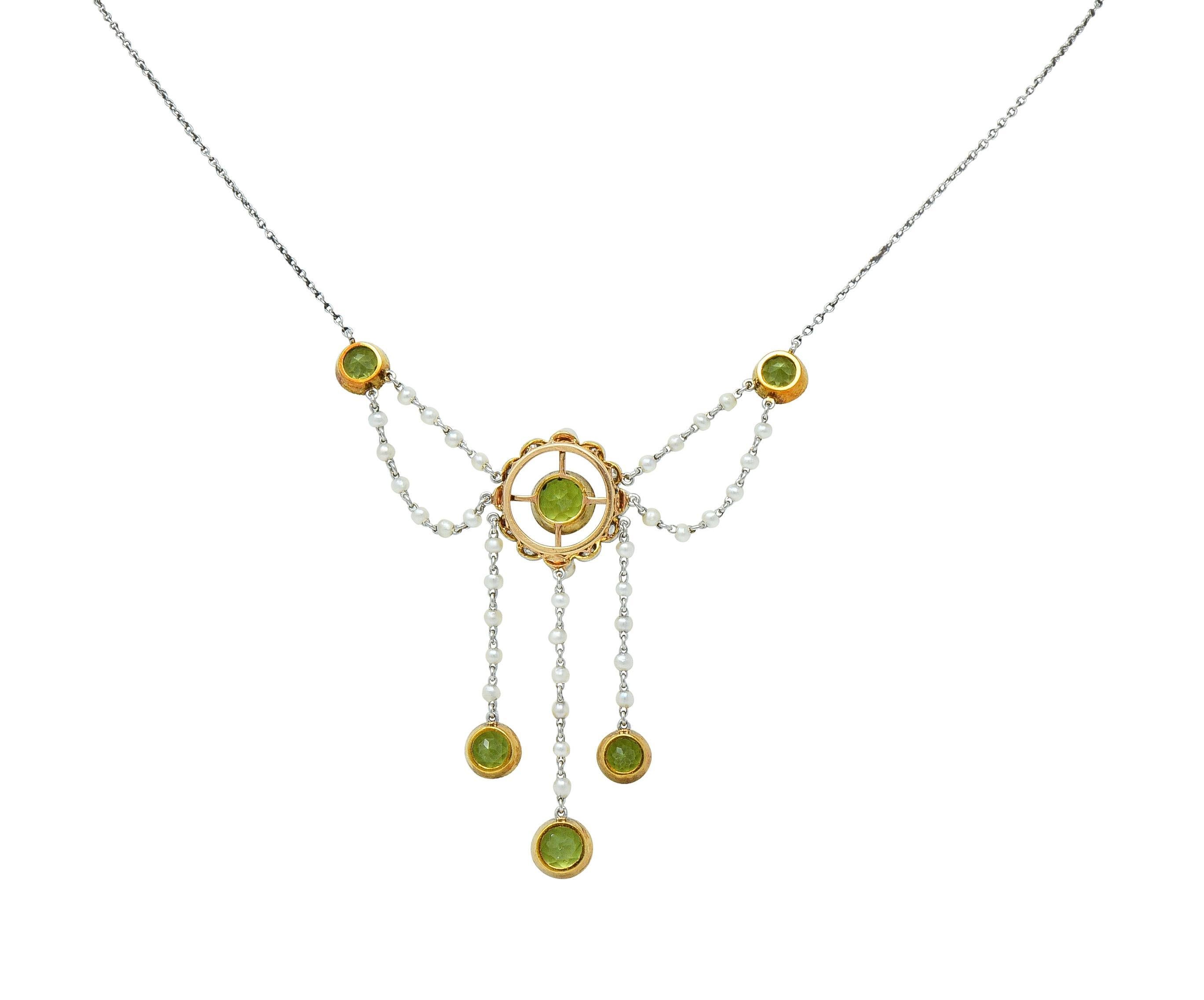 Edwardian Diamond Peridot Pearl Platinum 14 Karat Gold Swagged Fringe Necklace For Sale 2