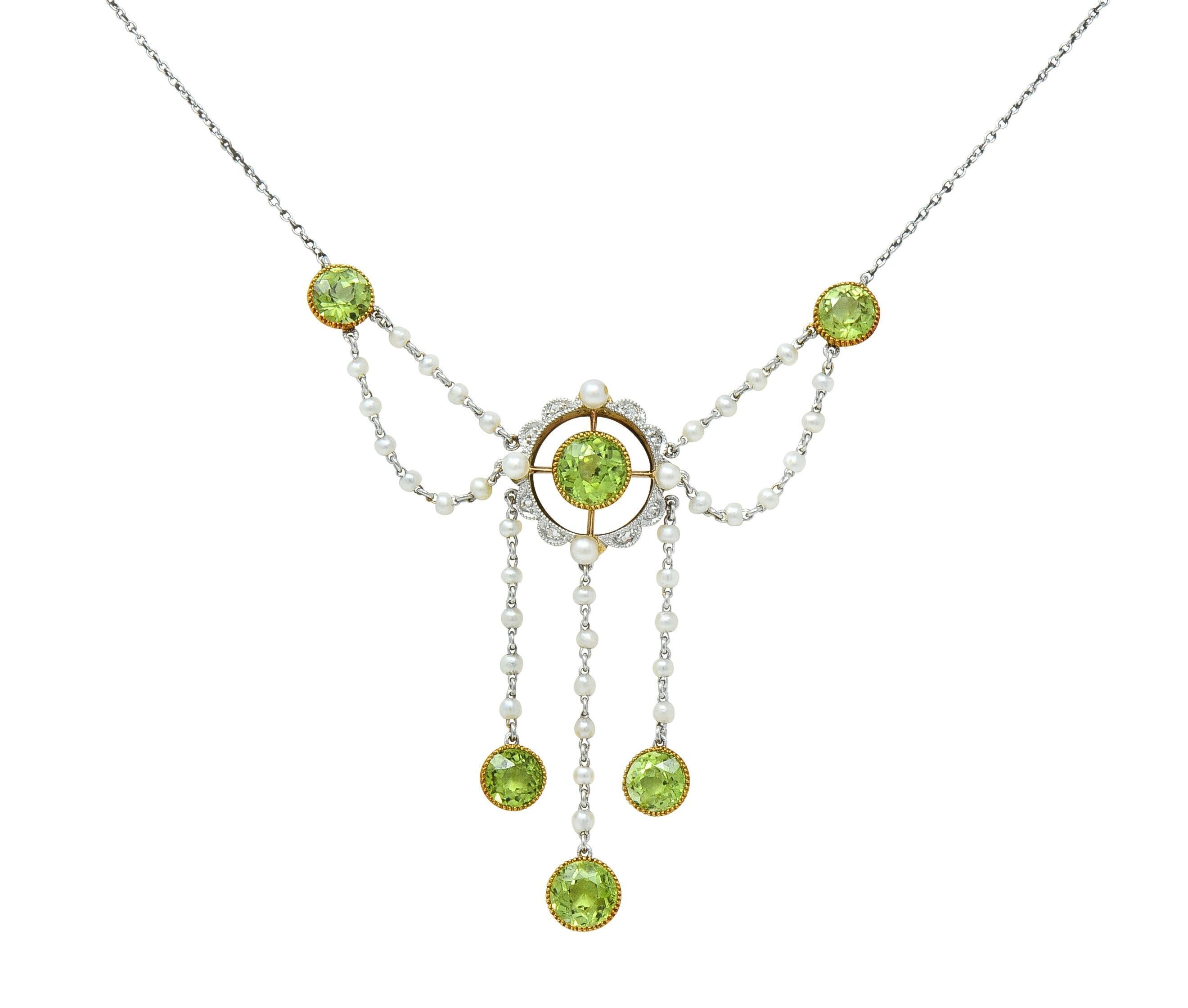 Edwardian Diamond Peridot Pearl Platinum 14 Karat Gold Swagged Fringe Necklace For Sale 5