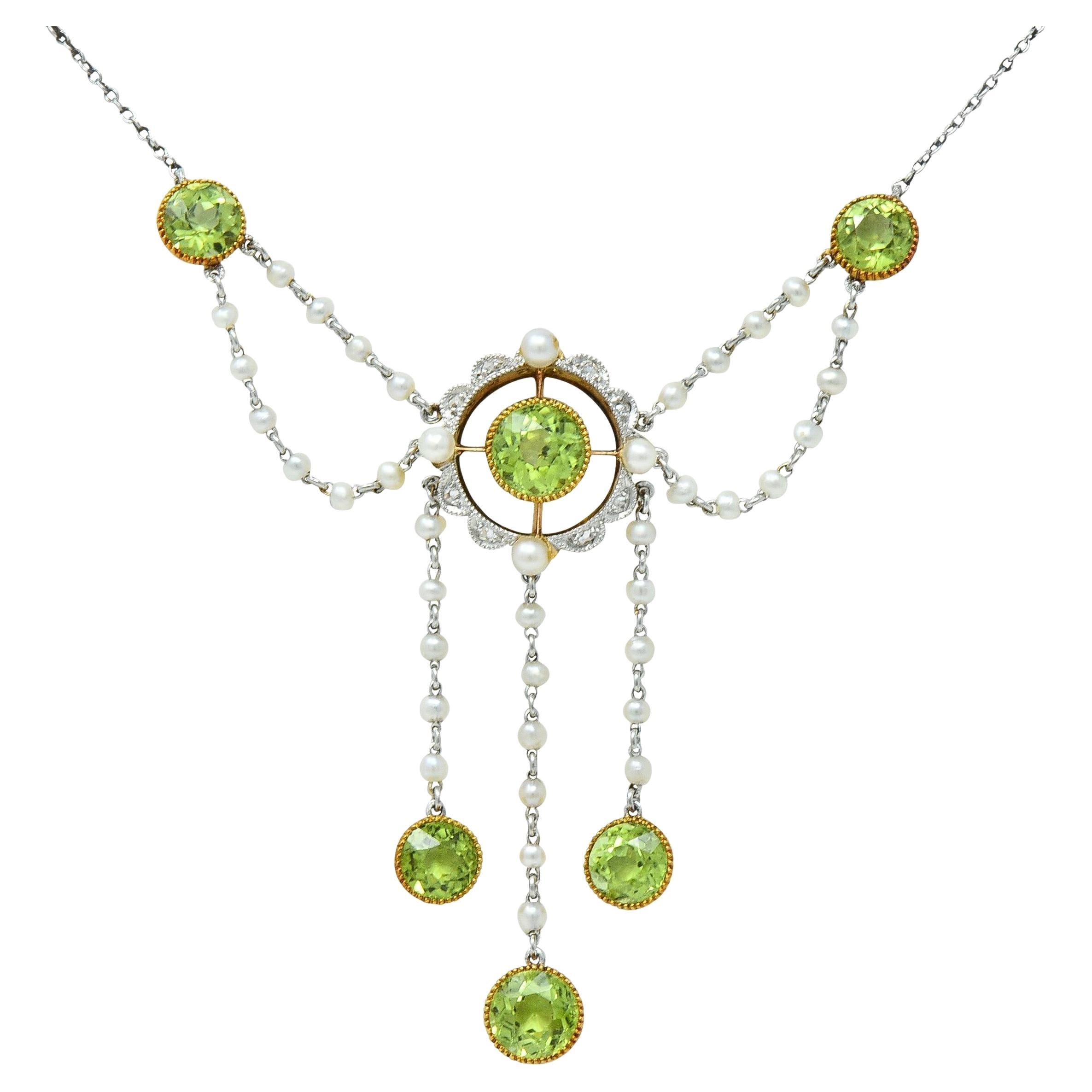 Edwardian Diamond Peridot Pearl Platinum 14 Karat Gold Swagged Fringe Necklace For Sale