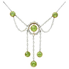 Edwardian Diamond Peridot Pearl Platinum 14 Karat Gold Swagged Fringe Necklace