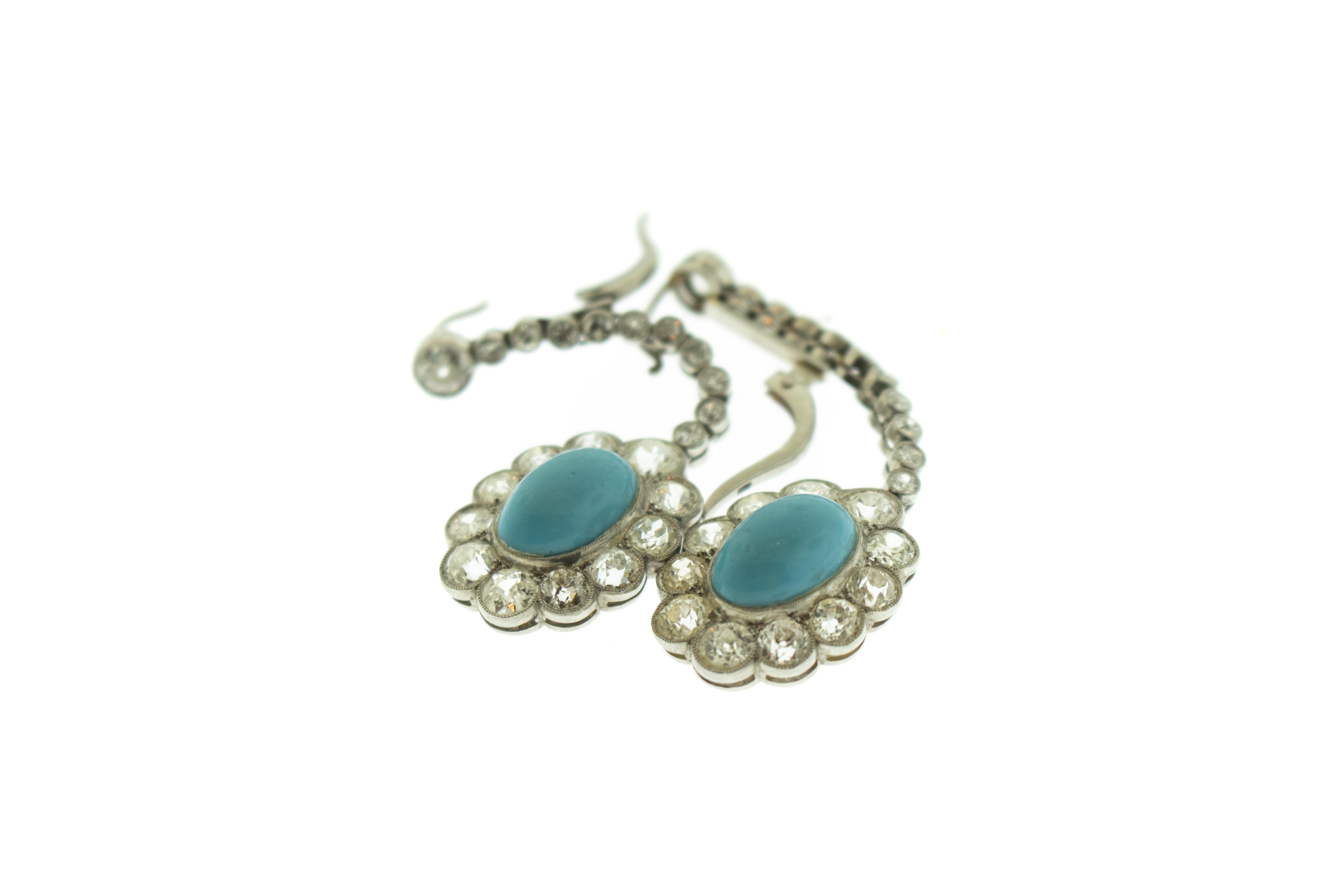 Edwardian diamond Turquoise Platinum Dangle Earrings. Beautifully intricated diamond turquoise cluster drops over two inches. Total weight 12.94 grams 