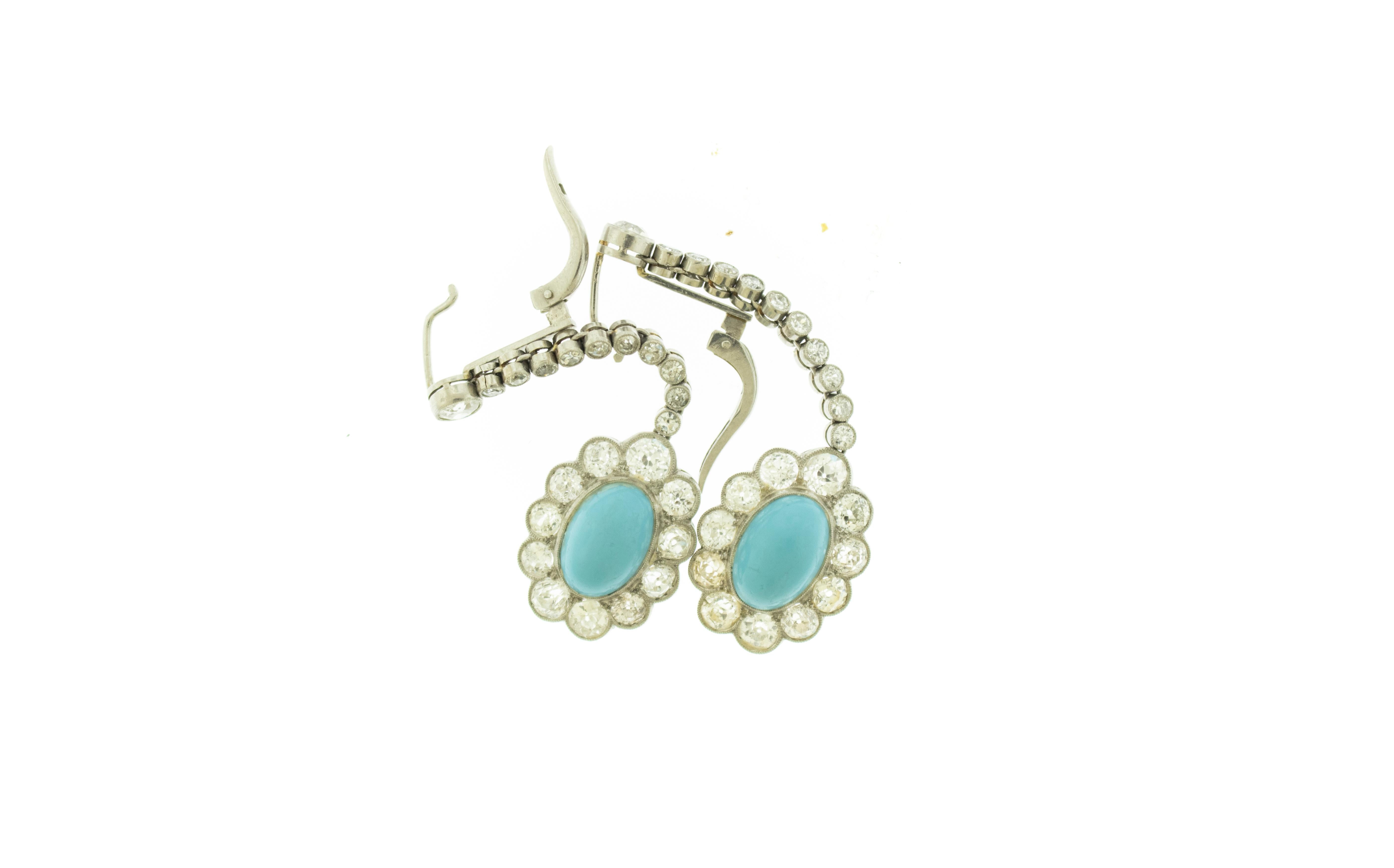 Modern Edwardian Persian Turquoise Diamond Platinum Cluster Dangle Earrings For Sale