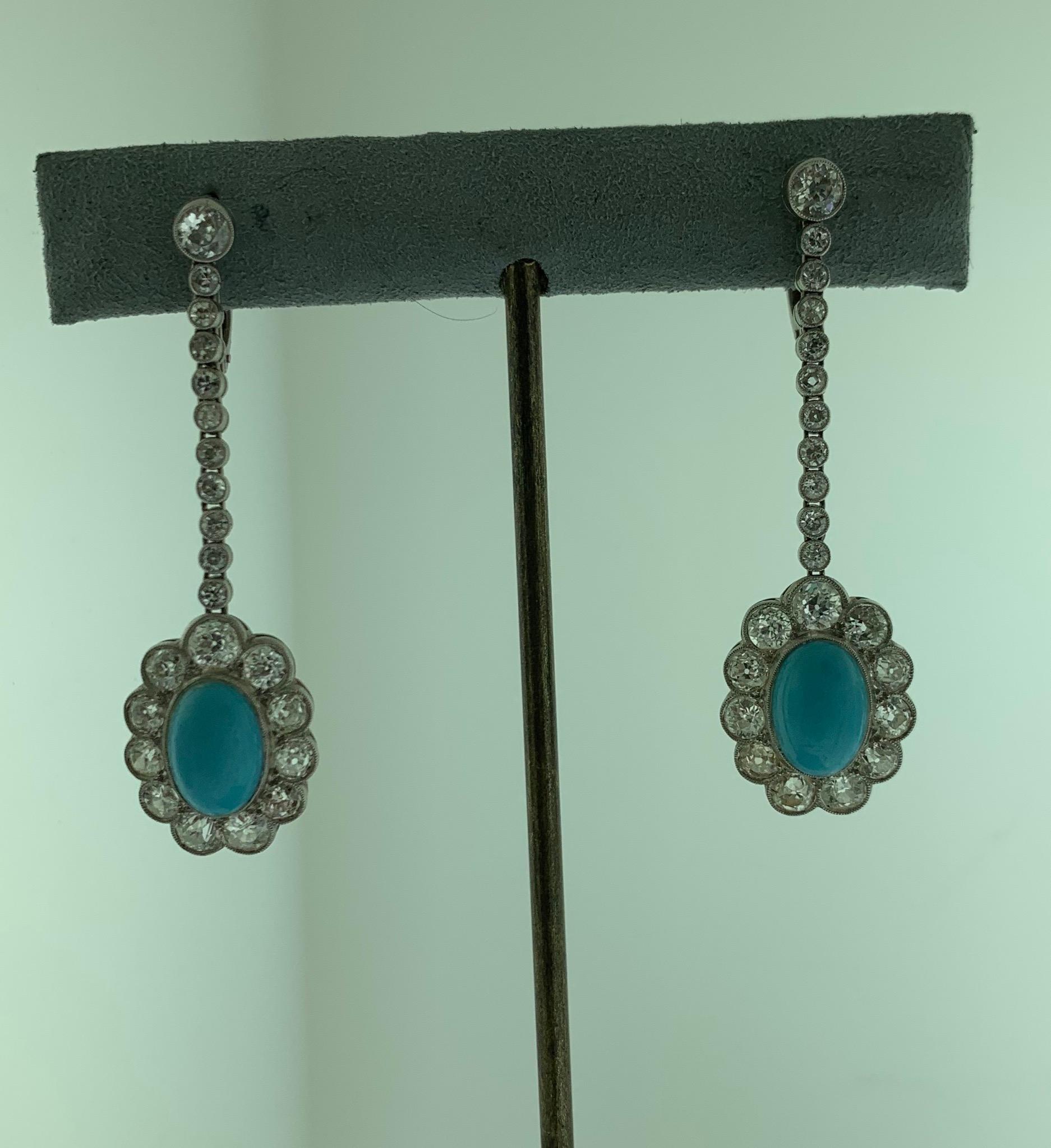 Edwardian Persian Turquoise Diamond Platinum Cluster Dangle Earrings In Good Condition For Sale In New York, NY