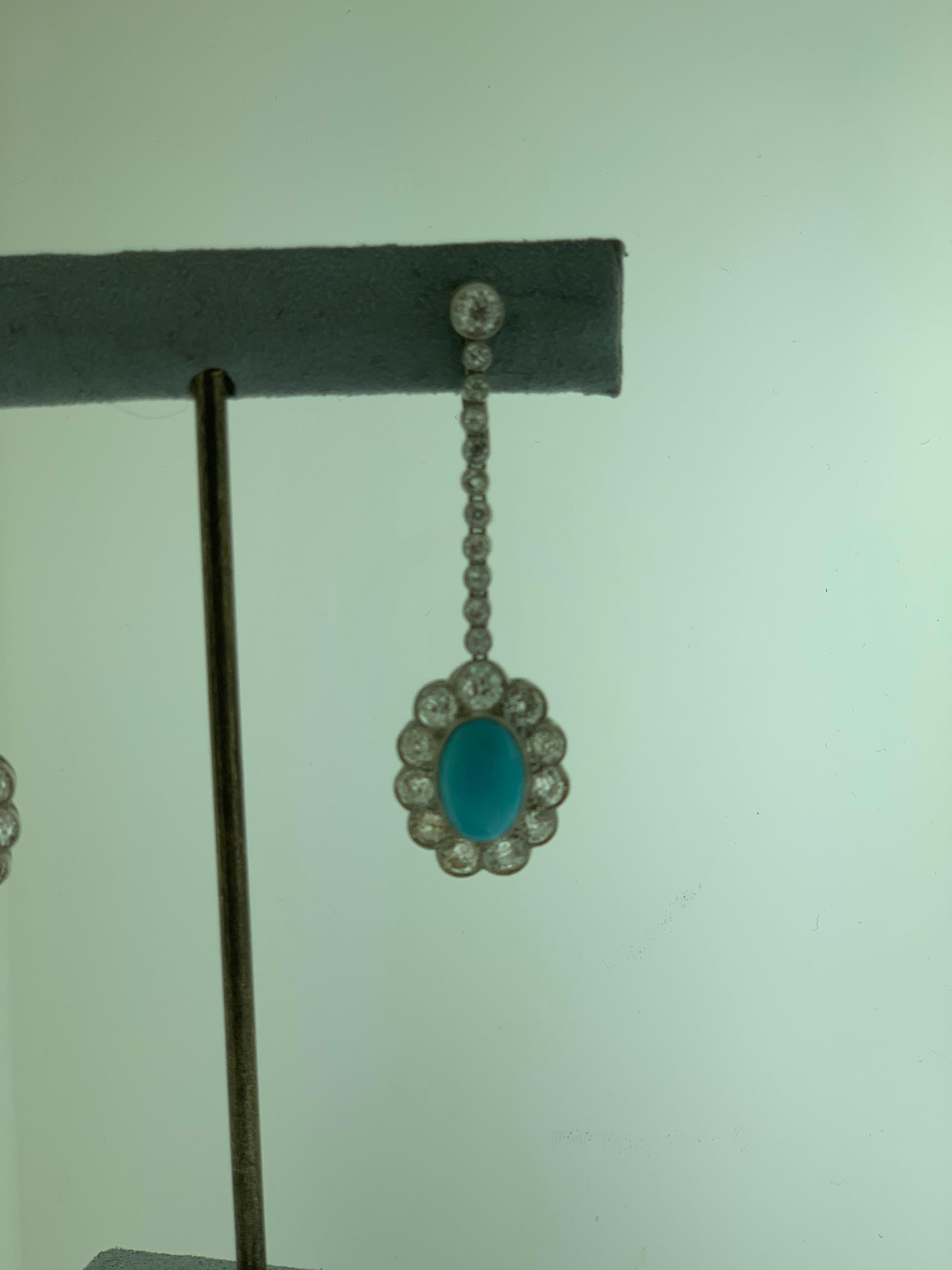 Women's Edwardian Persian Turquoise Diamond Platinum Cluster Dangle Earrings For Sale