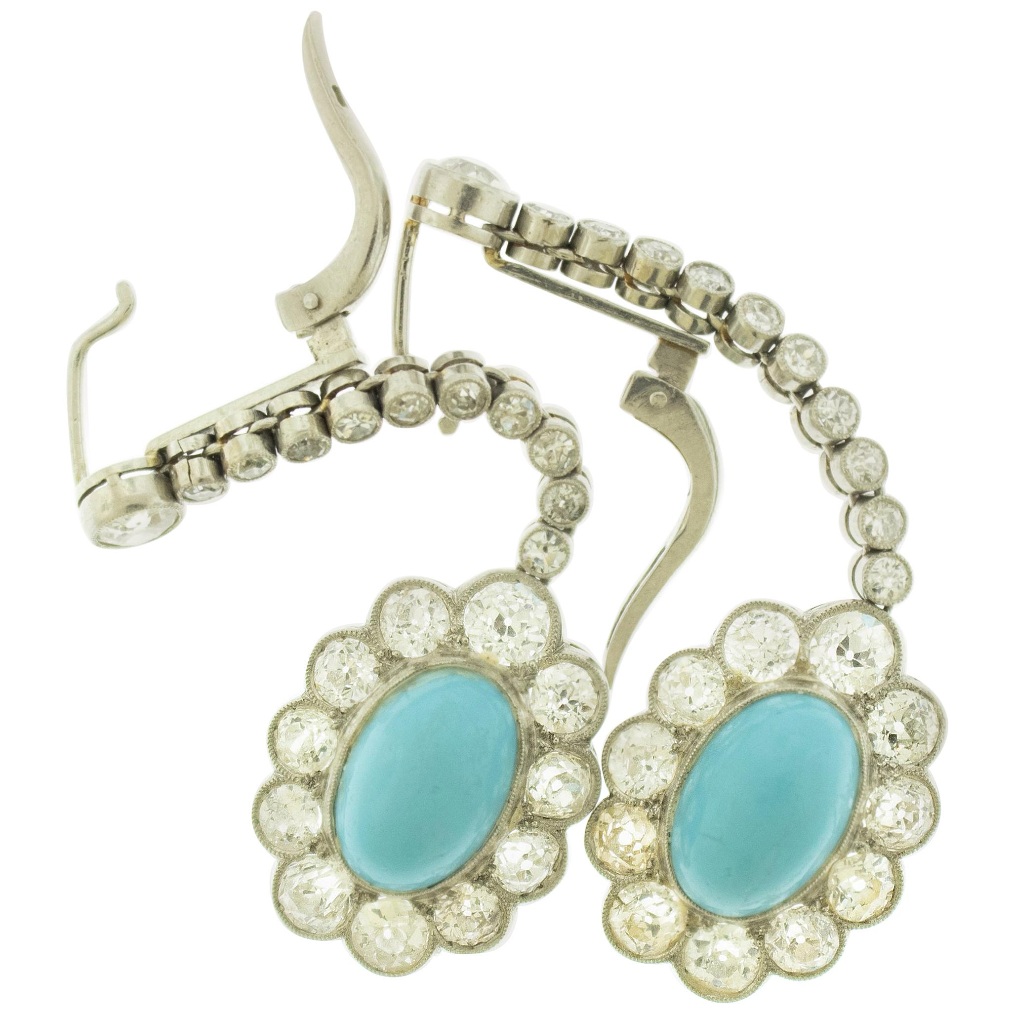 Edwardian Persian Turquoise Diamond Platinum Cluster Dangle Earrings