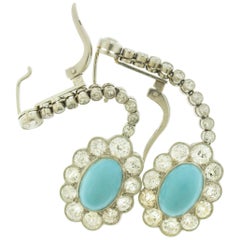 Vintage Edwardian Persian Turquoise Diamond Platinum Cluster Dangle Earrings