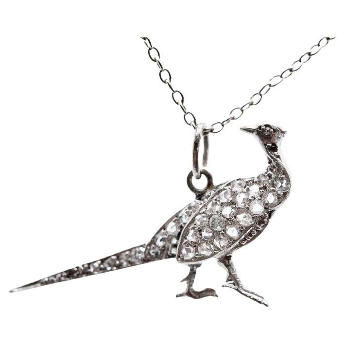 Edwardian Diamond Pheasant Bird Pendant Charm in Platinum For Sale
