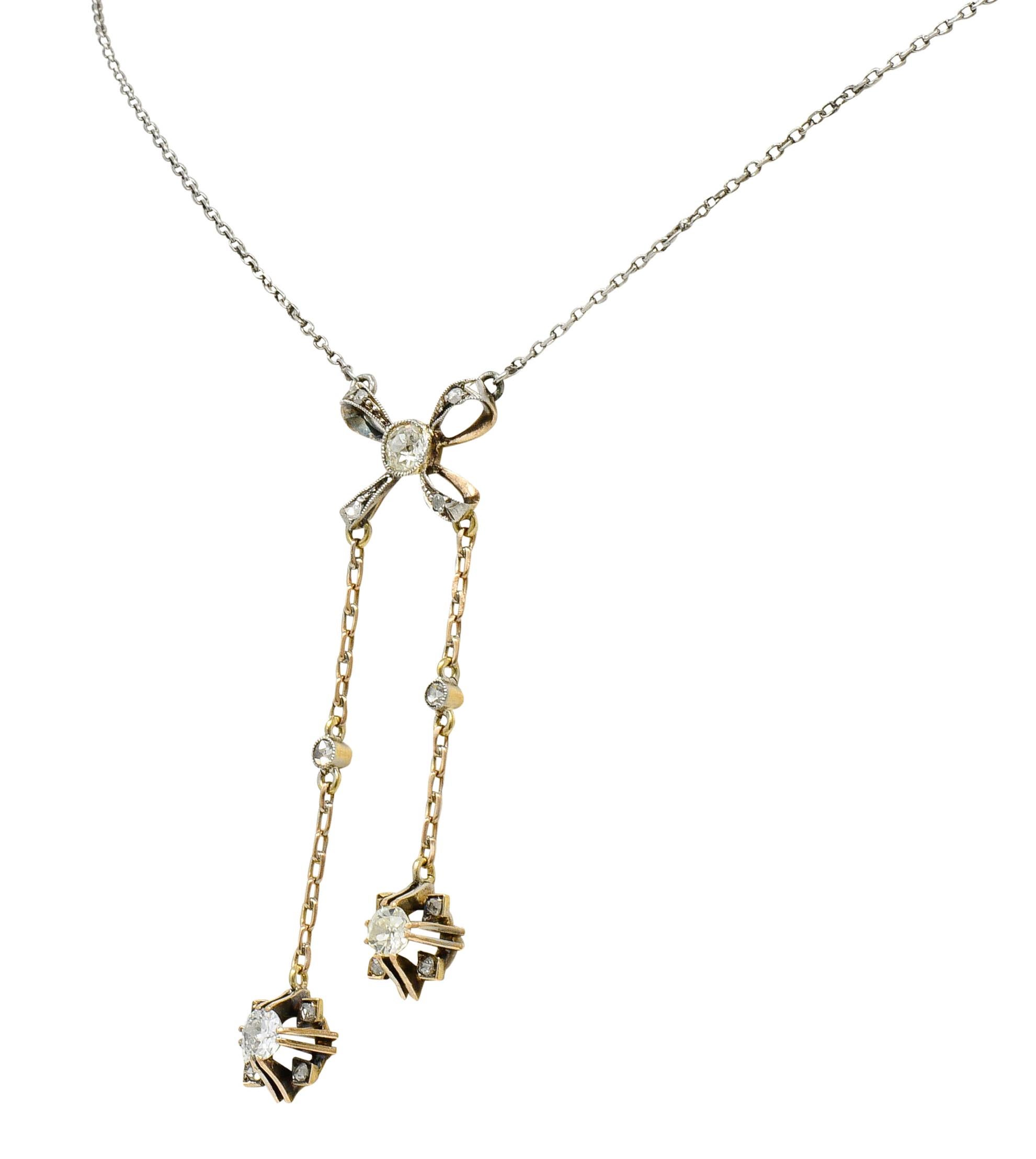 Rose Cut Edwardian Diamond Platinum 14 Karat Gold Bow Lariat Necklace