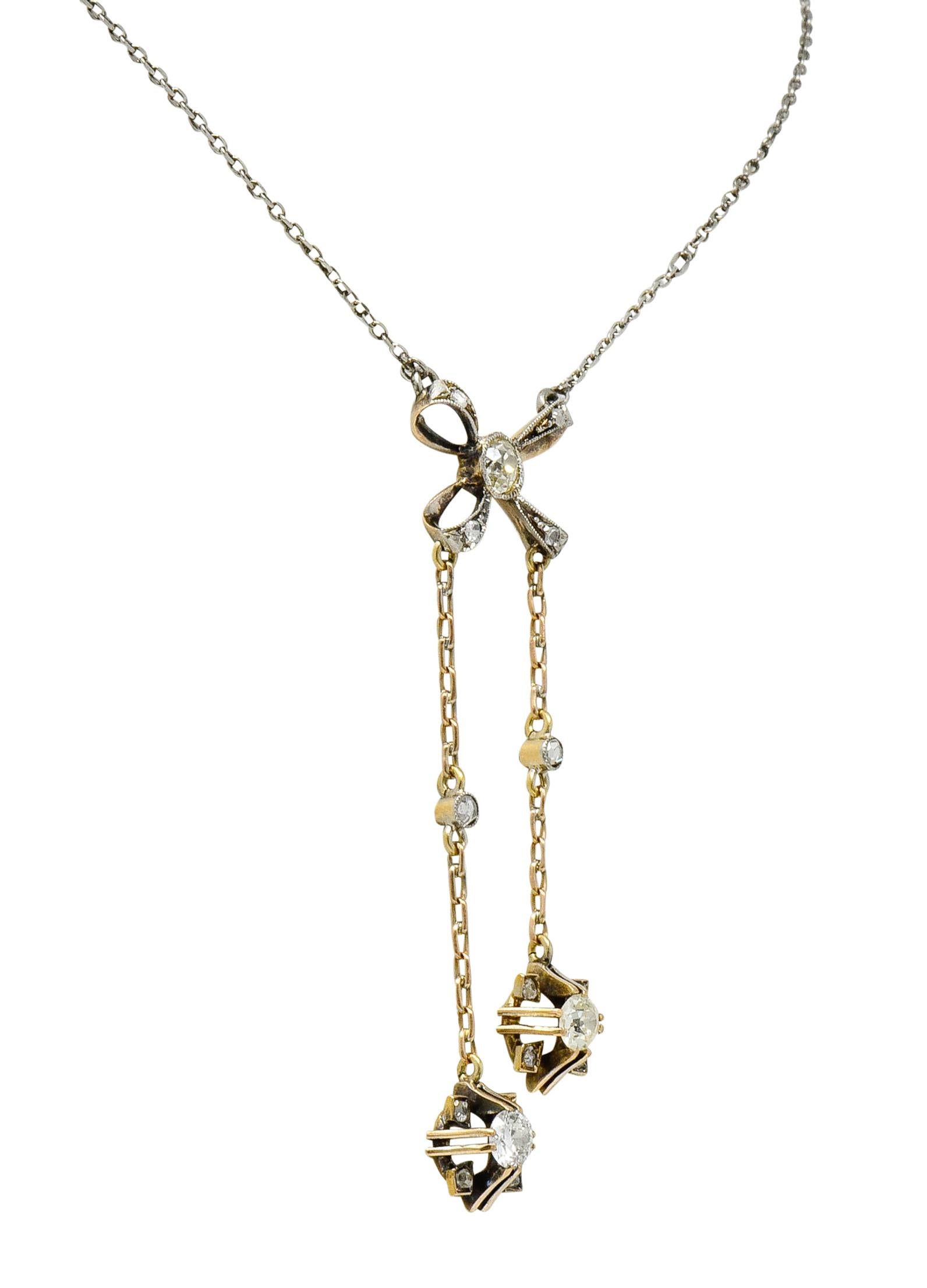 Women's or Men's Edwardian Diamond Platinum 14 Karat Gold Bow Lariat Necklace