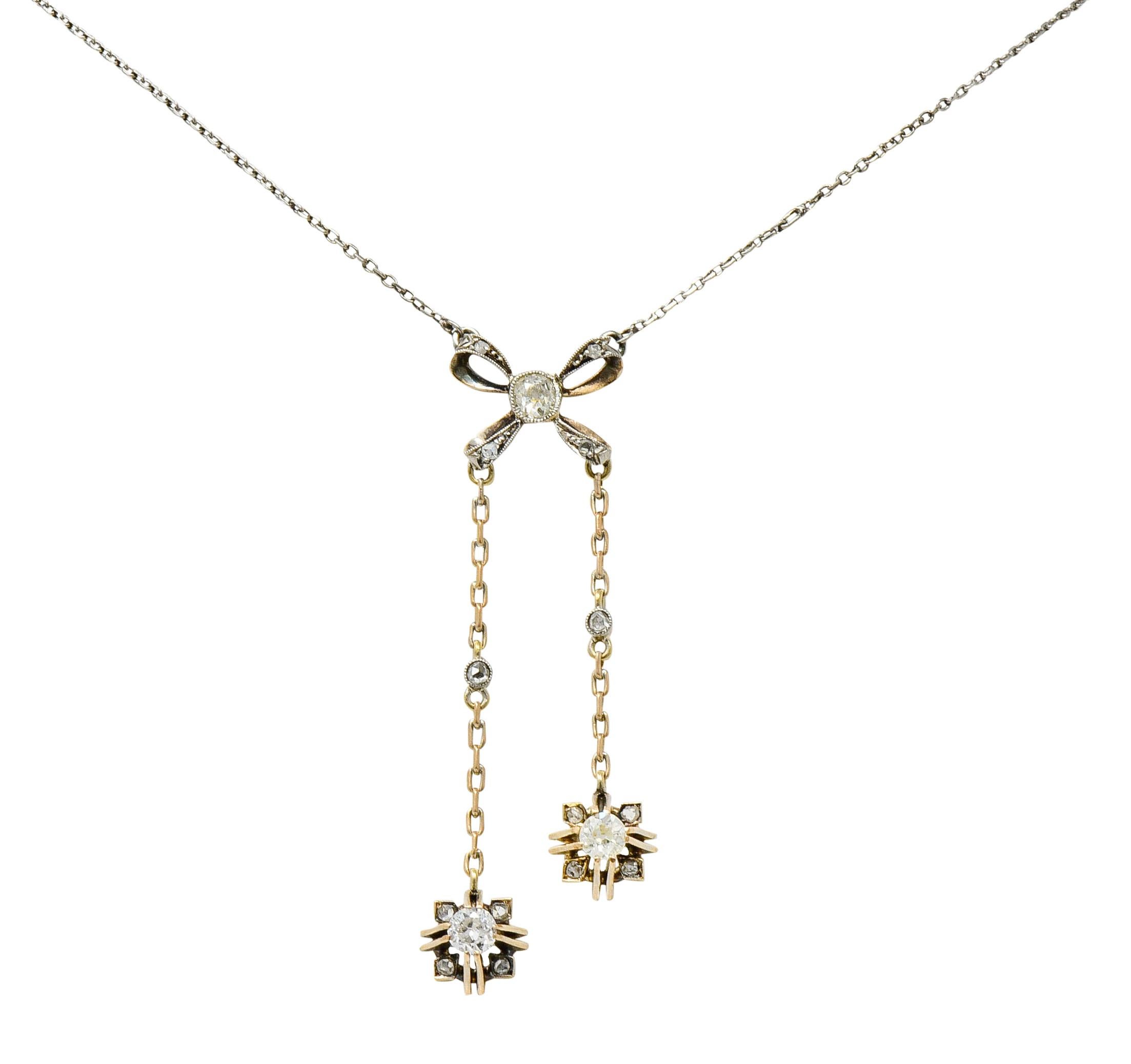 Edwardian Diamond Platinum 14 Karat Gold Bow Lariat Necklace 4