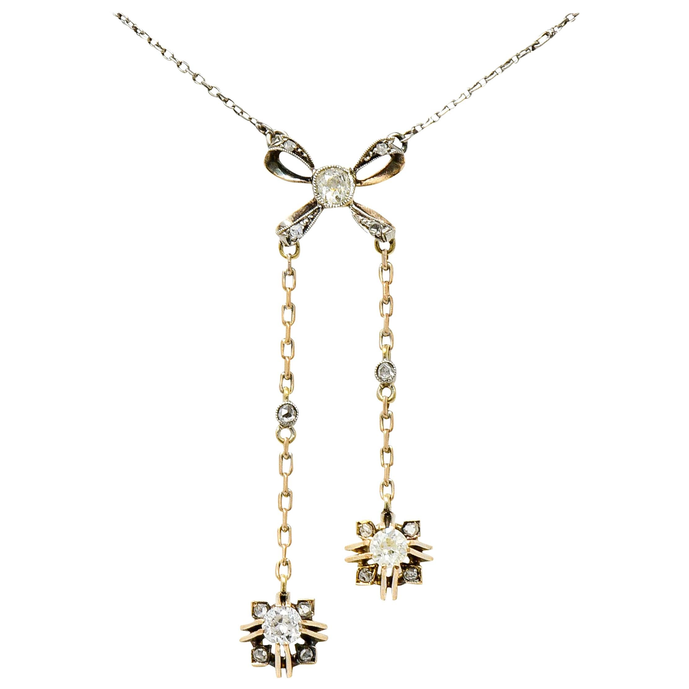Edwardian Diamond Platinum 14 Karat Gold Bow Lariat Necklace