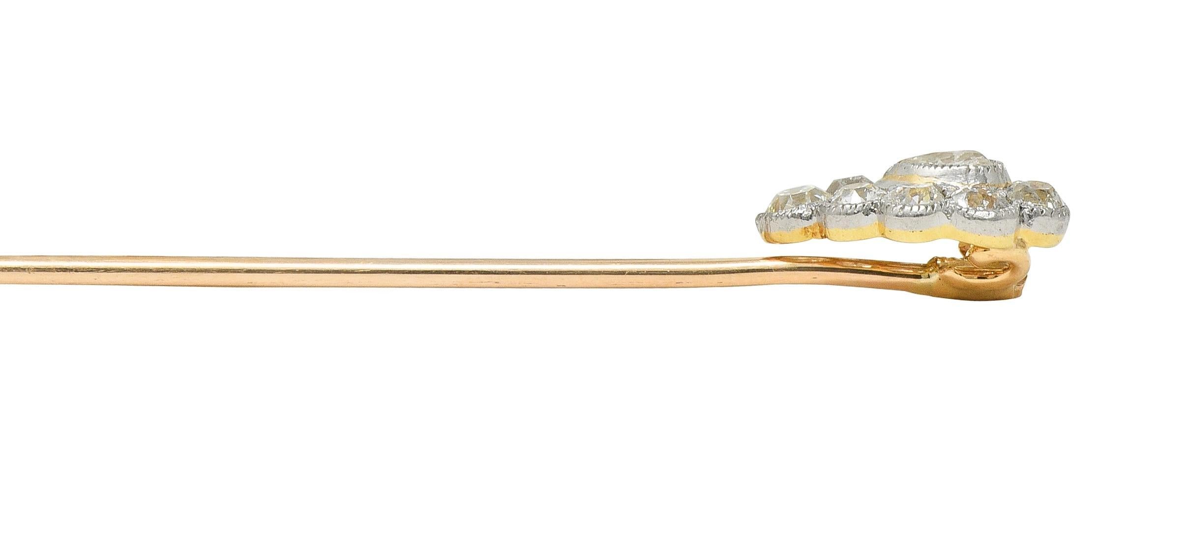 Pear Cut Edwardian Diamond Platinum 14 Karat Yellow Gold Antique Pear Stickpin For Sale