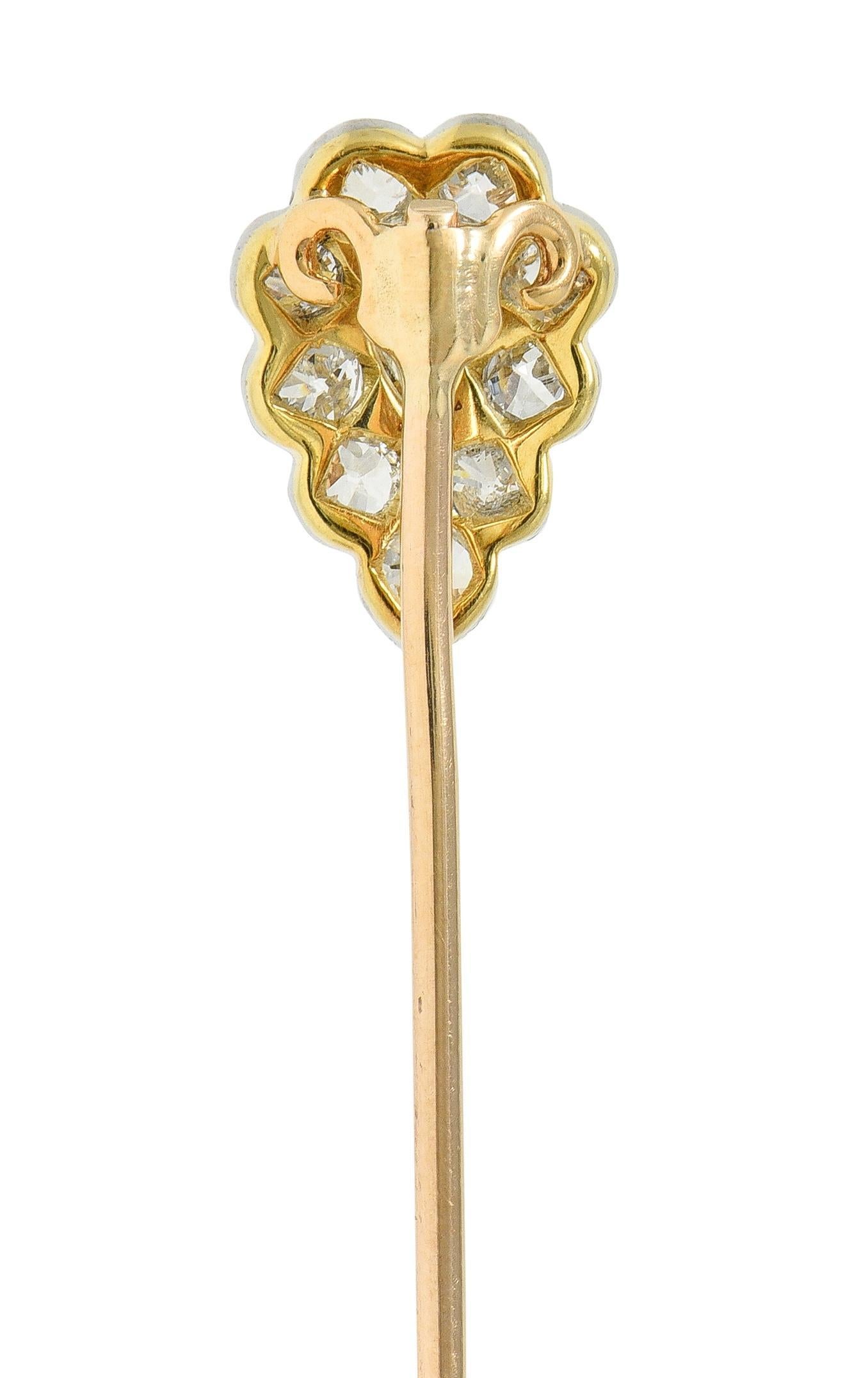 Antike birnenförmige Stickpin, Edwardian, Diamant Platin 14 Karat Gelbgold im Angebot 1