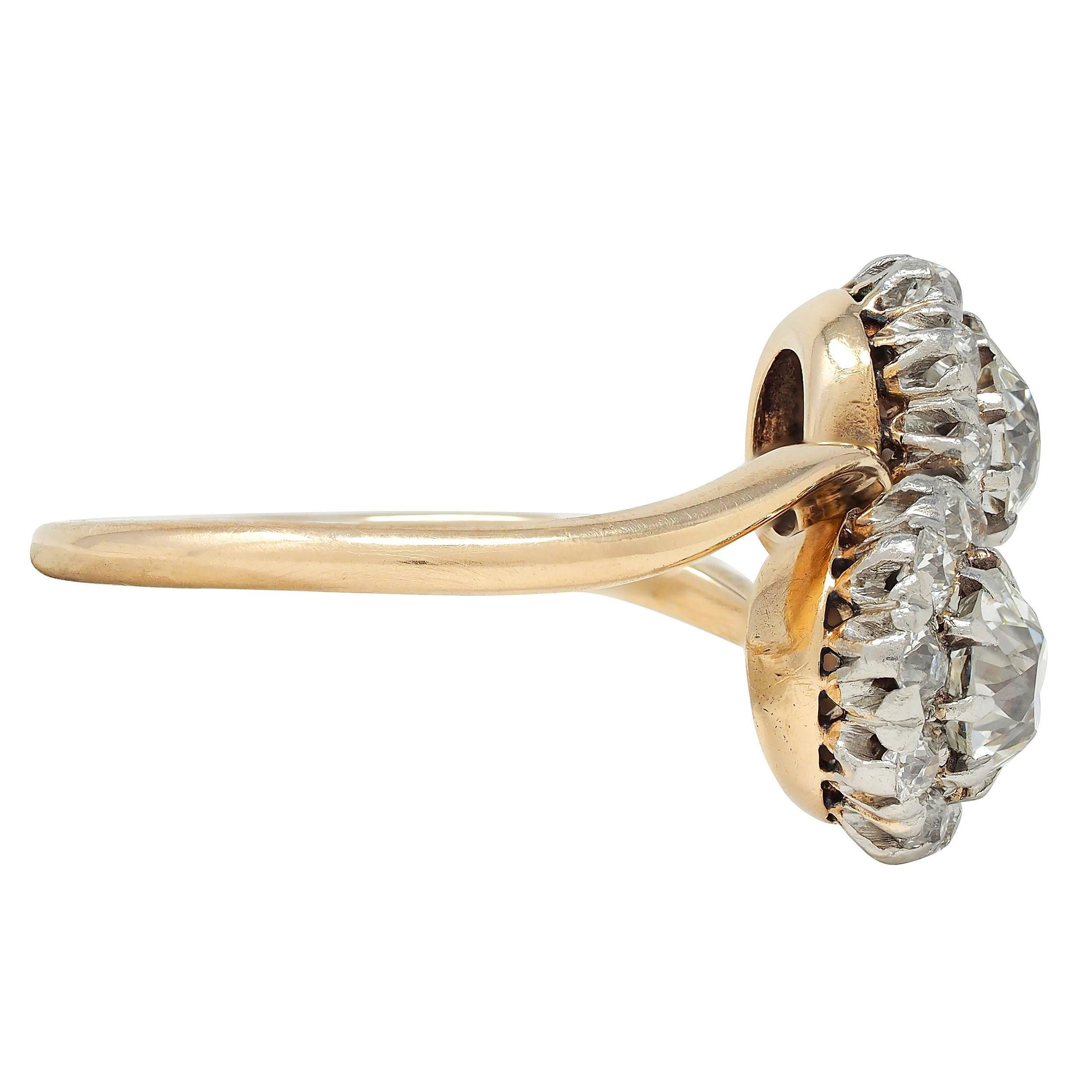 Round Cut Edwardian Diamond Platinum 14K Yellow Gold Antique Bypass Toi-Et-Moi Halo Ring For Sale
