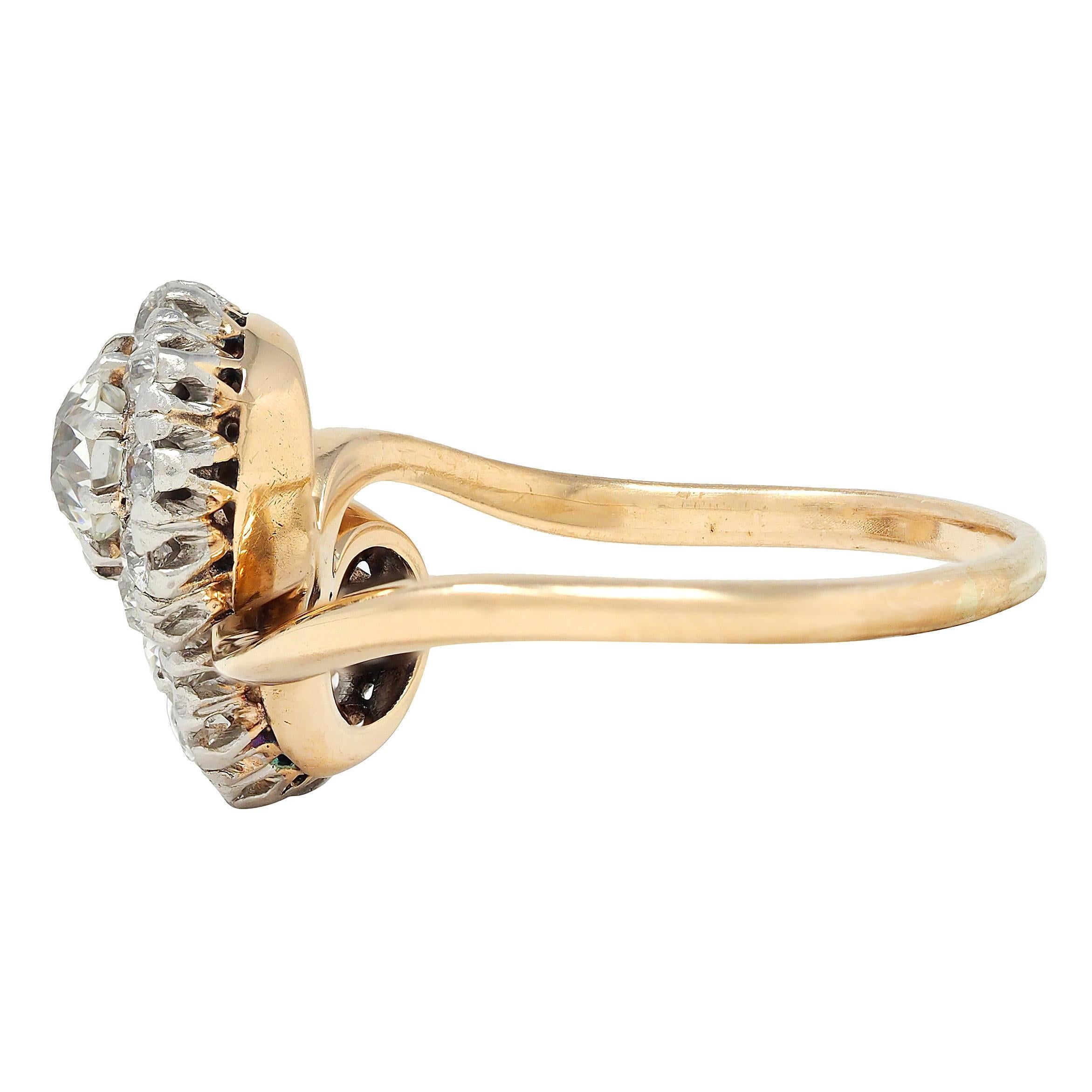 Women's or Men's Edwardian Diamond Platinum 14K Yellow Gold Antique Bypass Toi-Et-Moi Halo Ring For Sale