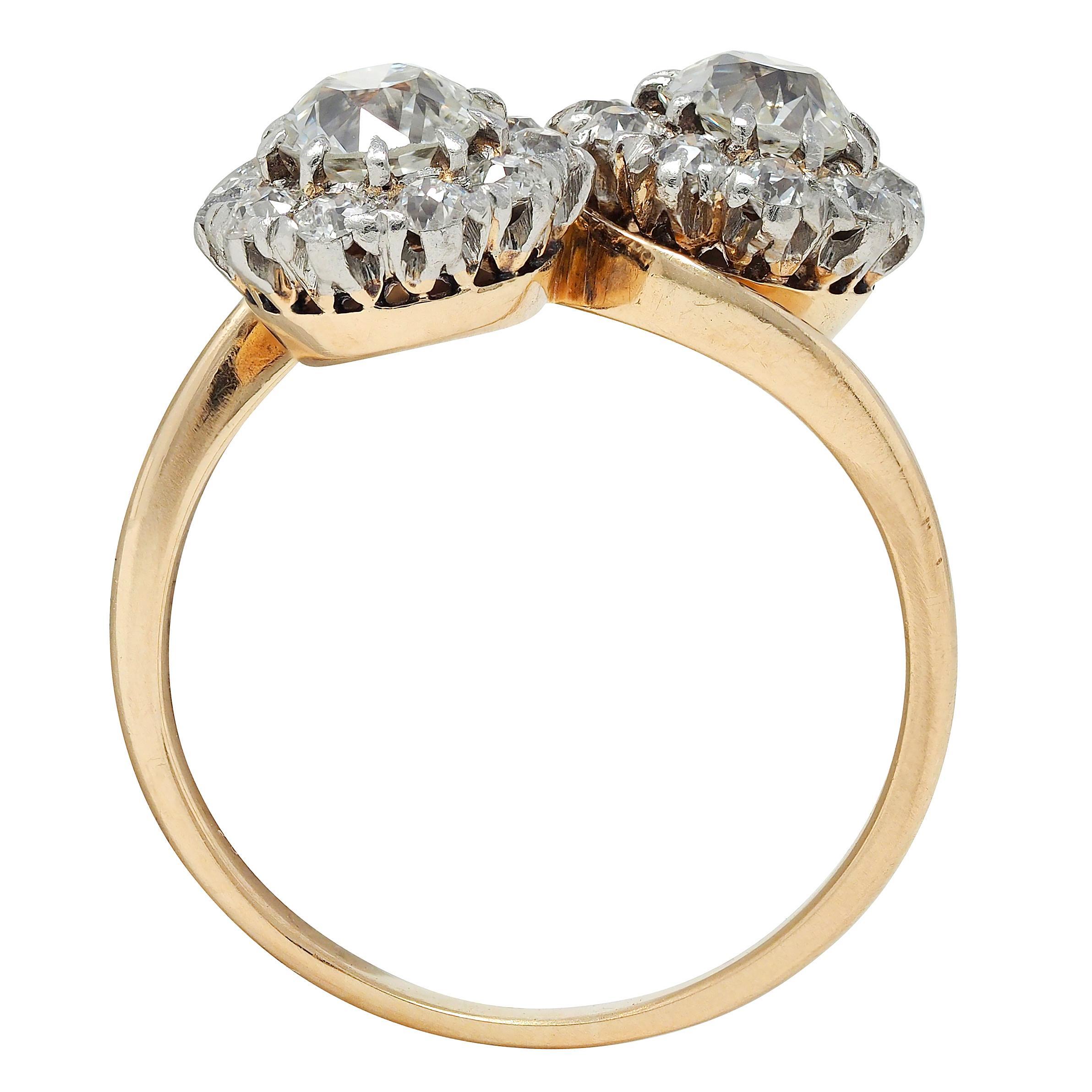Edwardian Diamond Platinum 14K Yellow Gold Antique Bypass Toi-Et-Moi Halo Ring For Sale 1
