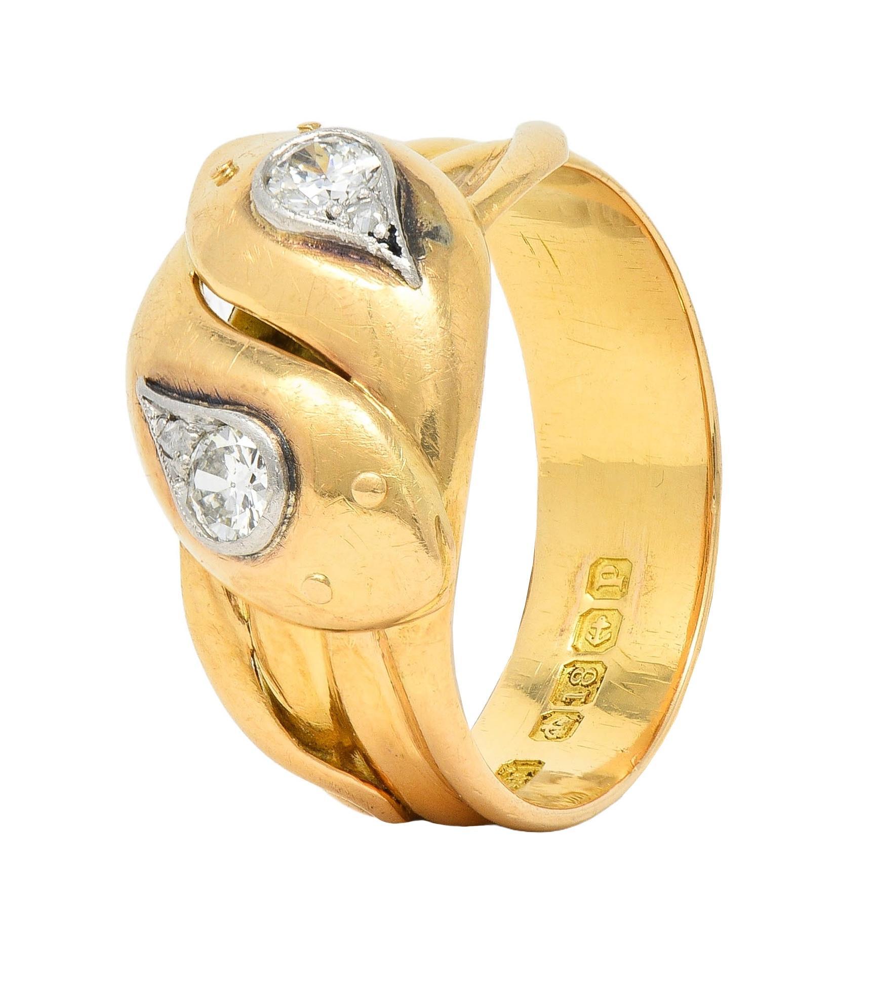 Édouardien Bague unisexe édouardienne en or jaune 18 carats et platine avec serpent ancien en vente