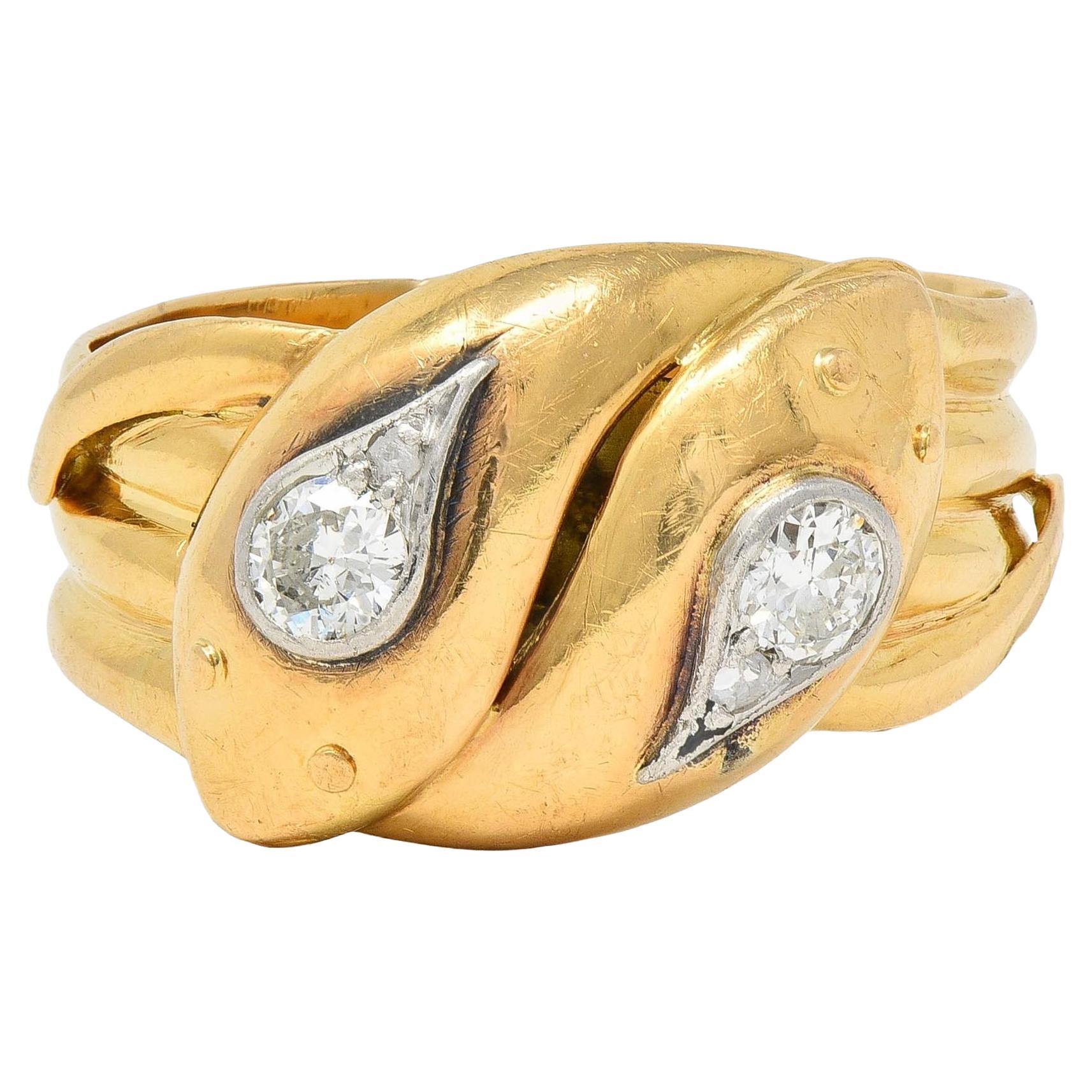 Edwardian Diamond Platinum 18 Karat Yellow Gold Antique Snake Unisex Band Ring