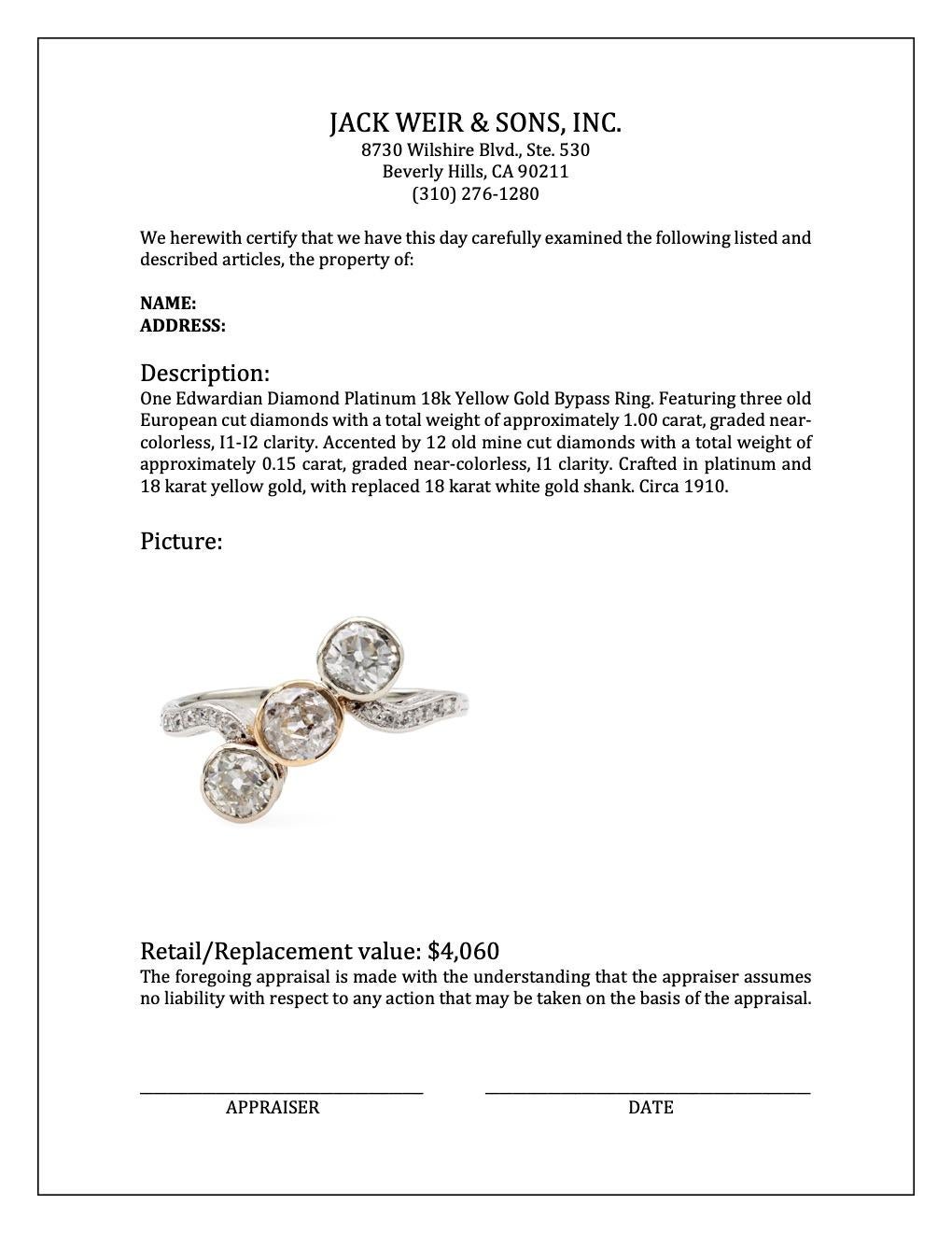 Edwardian Diamond Platinum 18k Yellow Gold Bypass Ring 2
