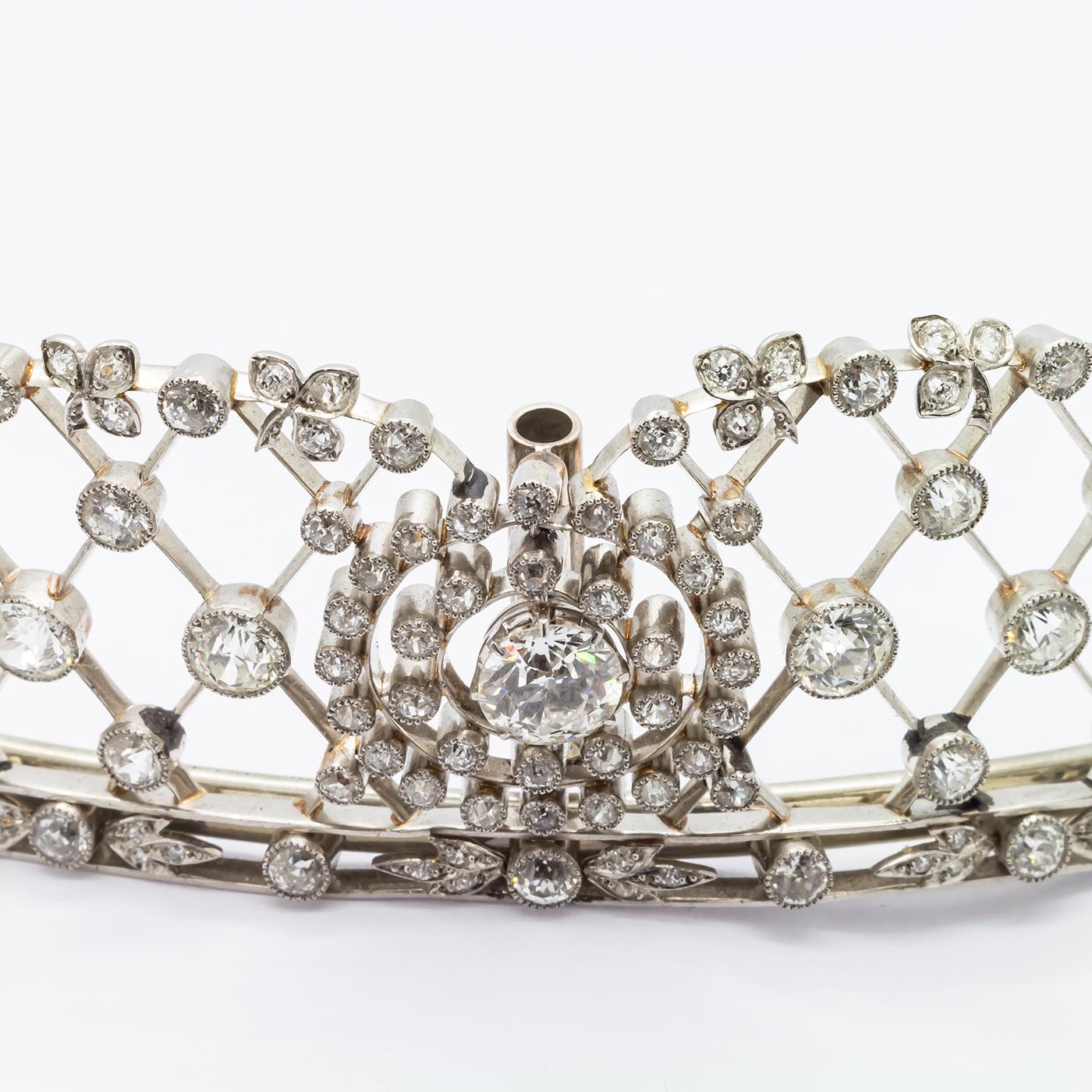 Old European Cut Edwardian Diamond Platinum Lattice Tiara, Circa 1905