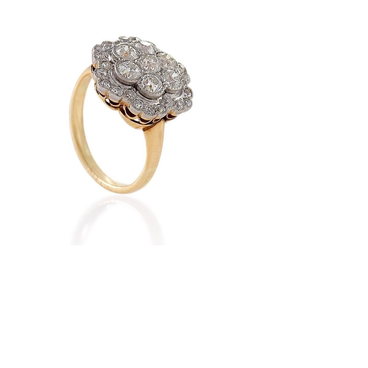 Old European Cut Edwardian Diamond Platinum and Gold Cluster Ring