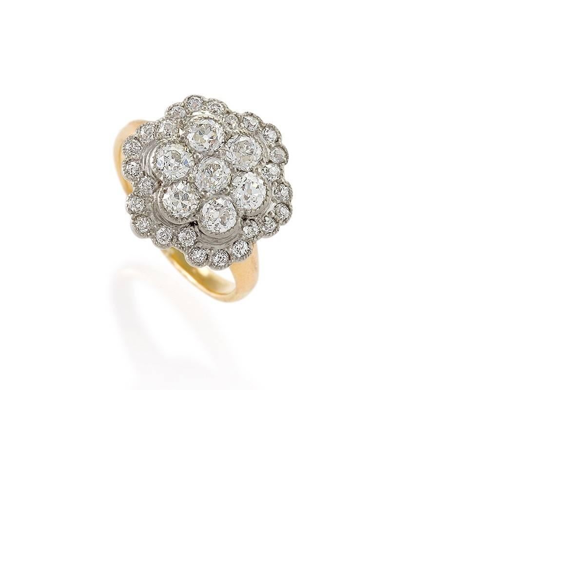 Edwardian Diamond Platinum and Gold Cluster Ring In Excellent Condition In New York, NY